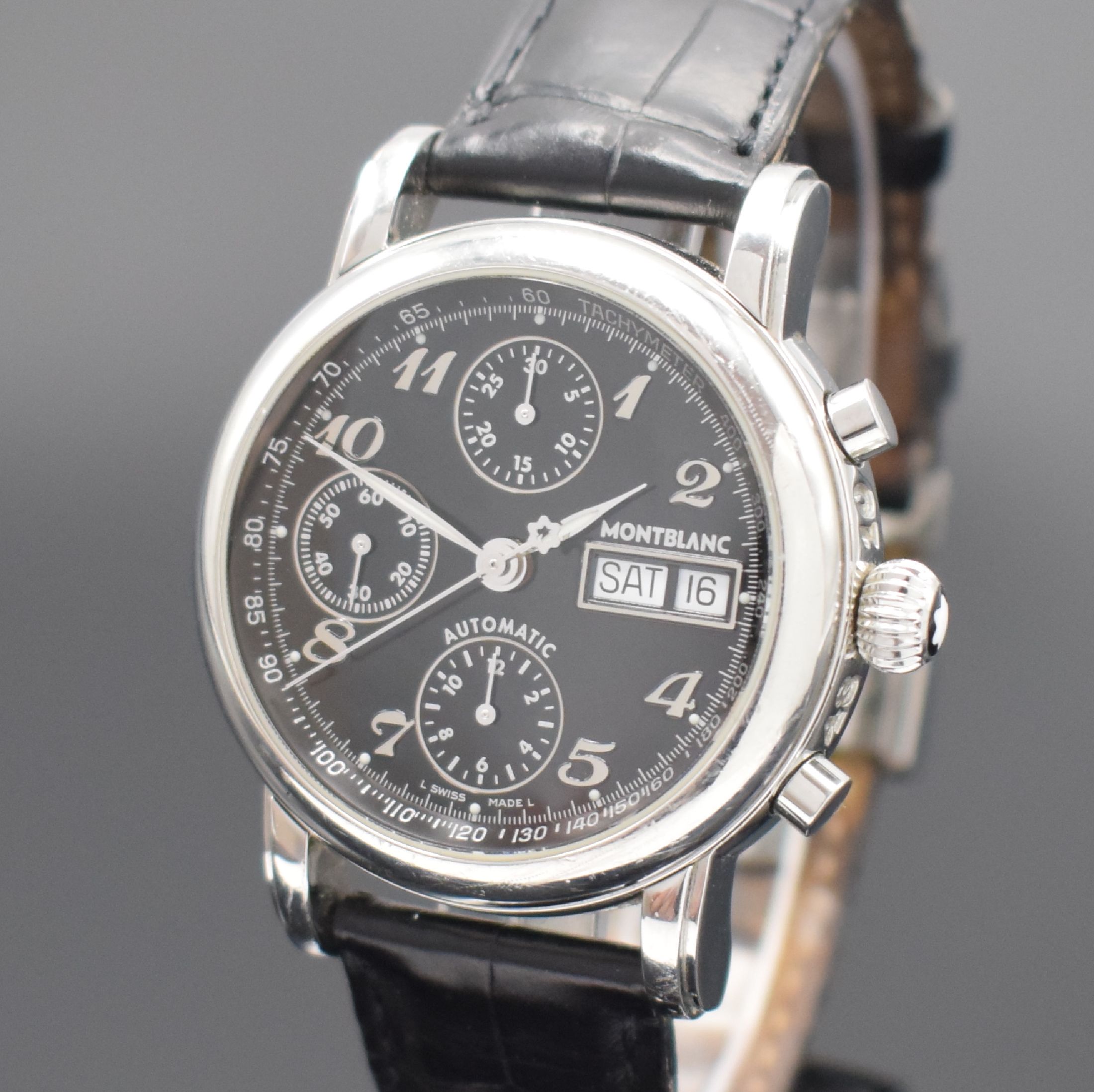 Detail a: MONTBLANC Armbandchronograph Meisterstück Star, Schweiz verk. lt. beil. Pap. 12/2005, Automatik, beids. vergl. Edelstahlgeh. inkl. orig. Lederband ...
