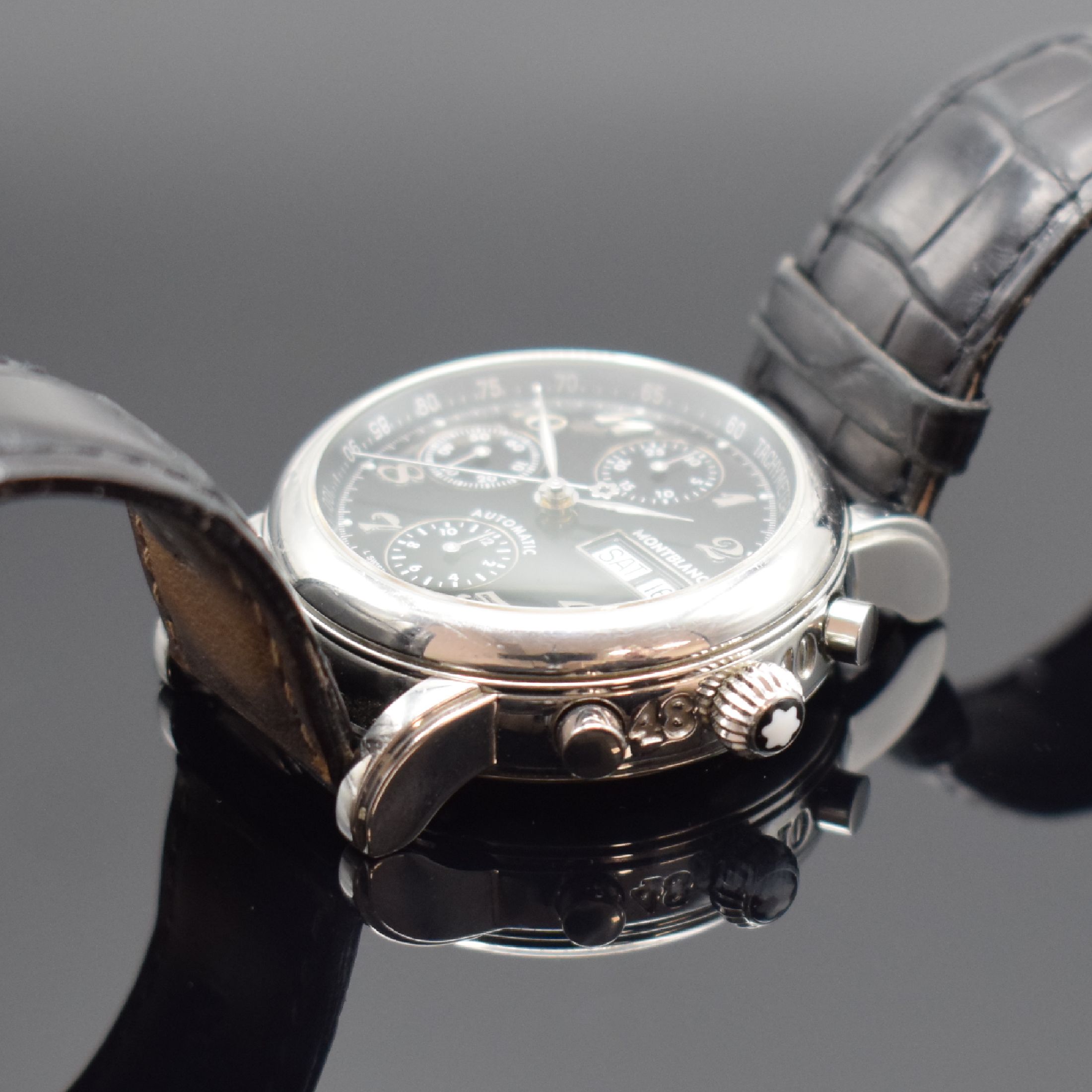 Detail c: MONTBLANC Armbandchronograph Meisterstück Star, Schweiz verk. lt. beil. Pap. 12/2005, Automatik, beids. vergl. Edelstahlgeh. inkl. orig. Lederband ...