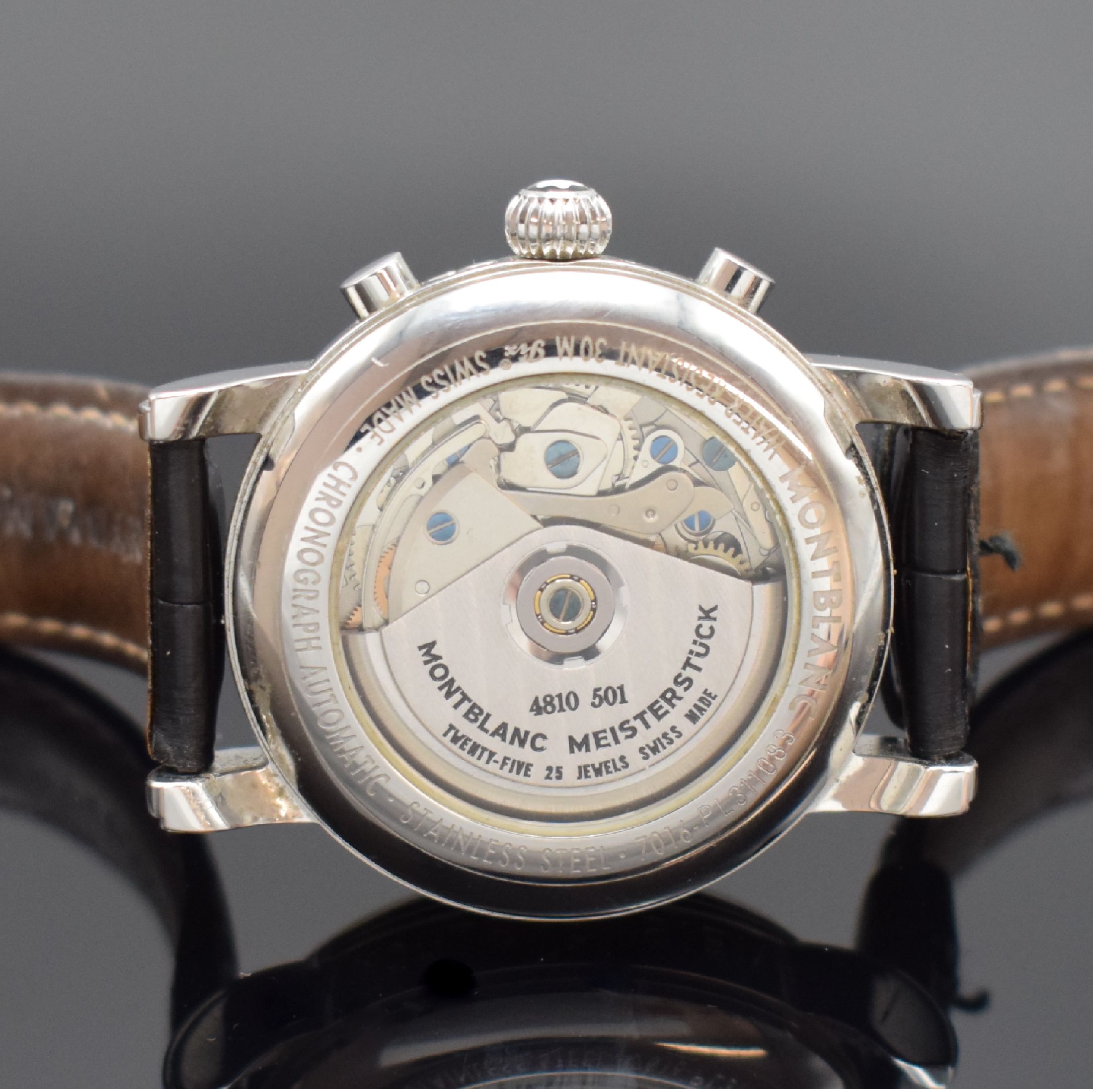 Detail e: MONTBLANC Armbandchronograph Meisterstück Star, Schweiz verk. lt. beil. Pap. 12/2005, Automatik, beids. vergl. Edelstahlgeh. inkl. orig. Lederband ...
