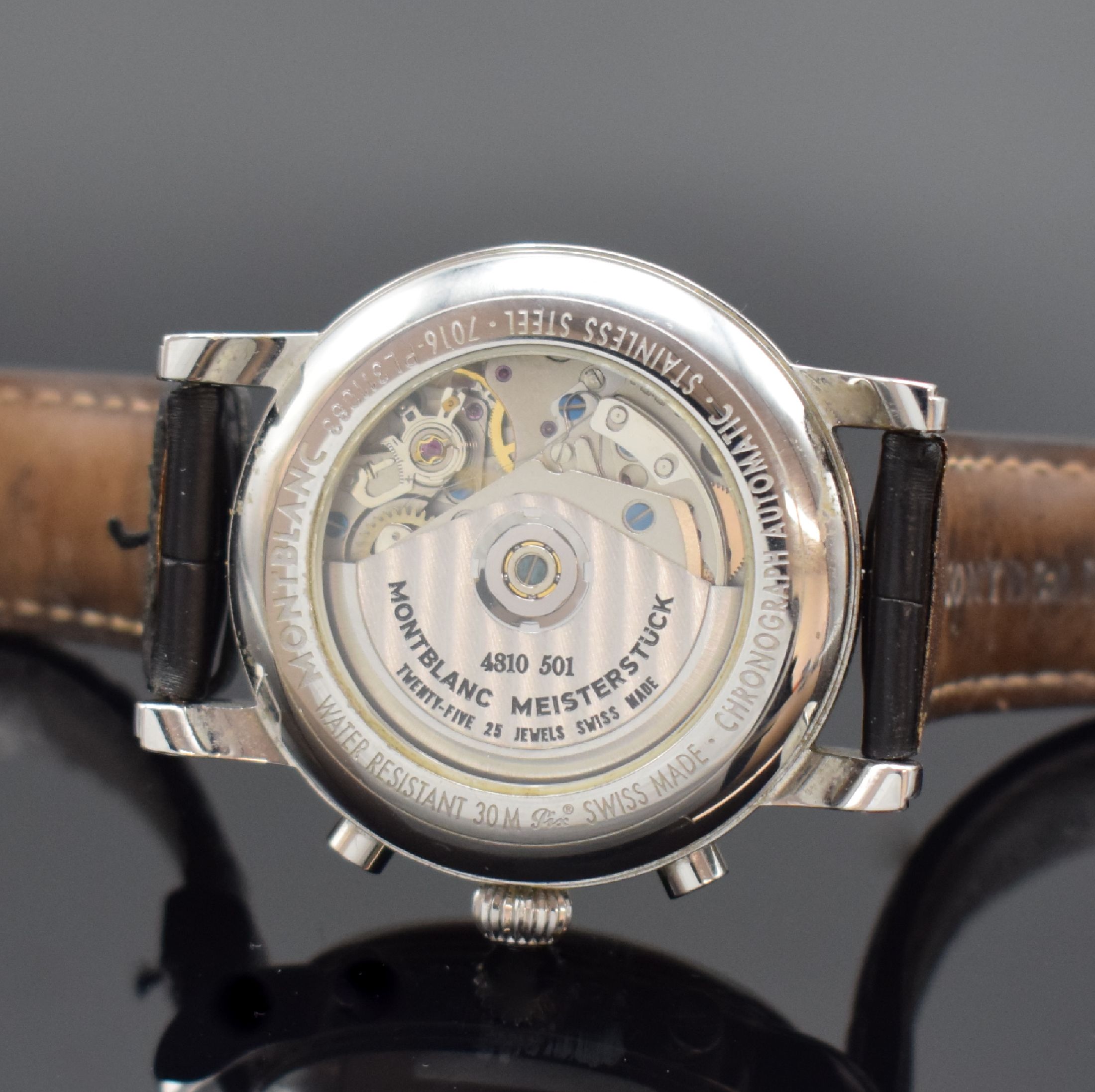 Detail f: MONTBLANC Armbandchronograph Meisterstück Star, Schweiz verk. lt. beil. Pap. 12/2005, Automatik, beids. vergl. Edelstahlgeh. inkl. orig. Lederband ...
