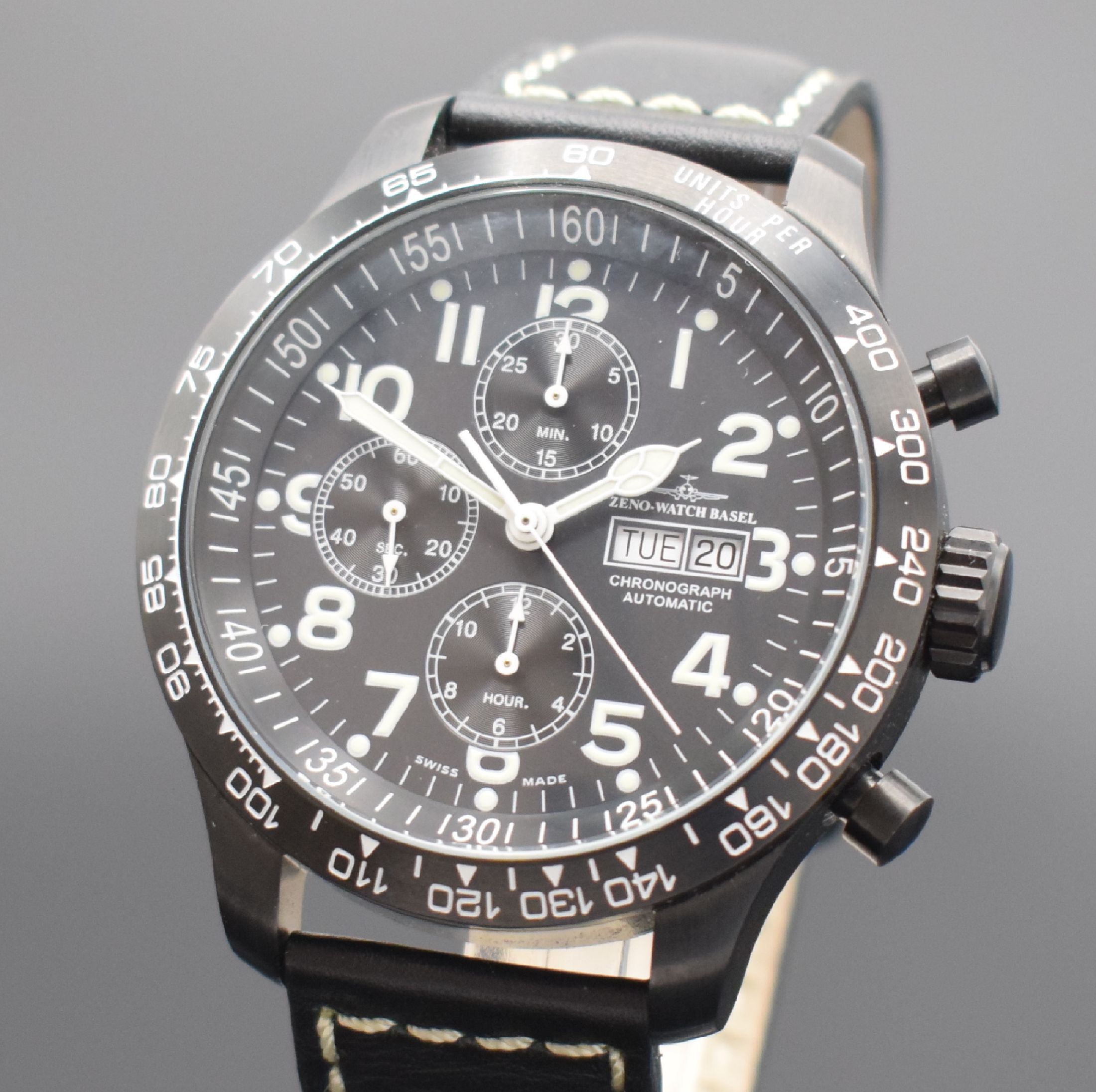Detail a: ZENO-WATCH BASEL Herrenchronograph in Stahl Referenz 8557/2, Schweiz um 2010, Automatik, beids. vergl. Geh. geschw., Boden verschr., orig. Lederband ...