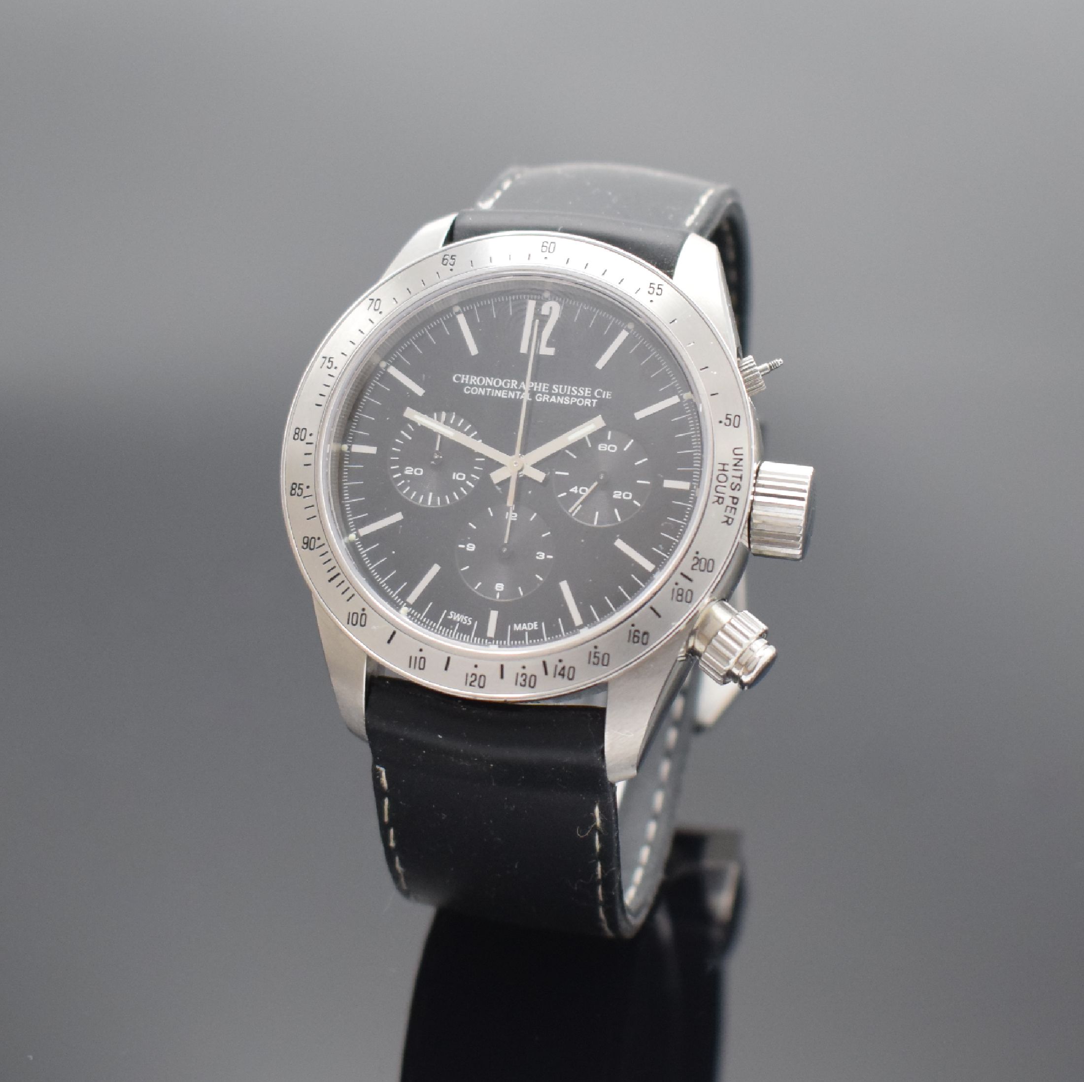 CHRONOGRAPHE SUISSE Cie Continental Gransport großer Armbandchronograph, Schweiz um 2010, Automatik, massiv. Edelstahlgeh. inkl. Kautschukband m. ...
