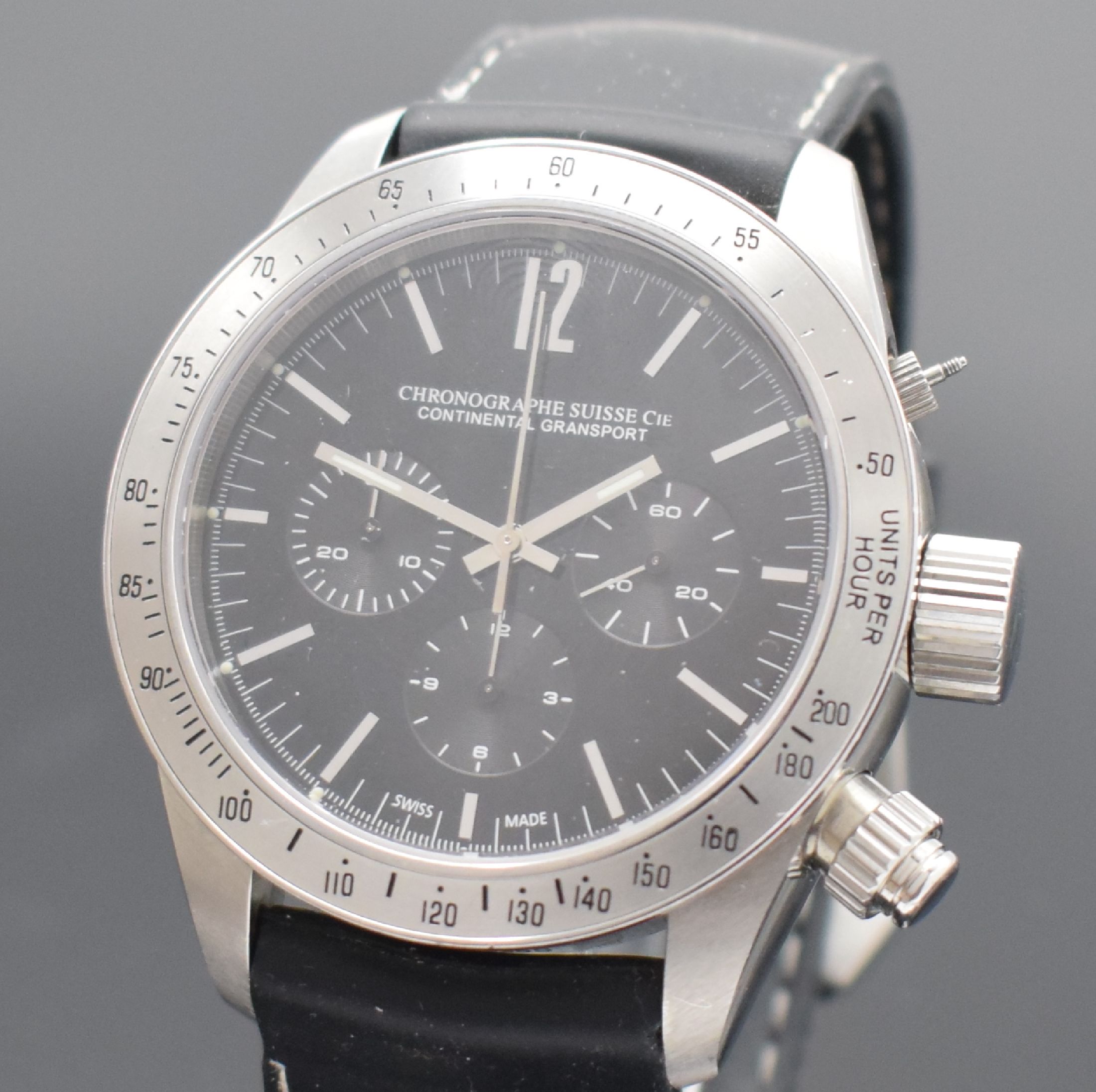 Detail a: CHRONOGRAPHE SUISSE Cie Continental Gransport großer Armbandchronograph, Schweiz um 2010, Automatik, massiv. Edelstahlgeh. inkl. Kautschukband m. ...