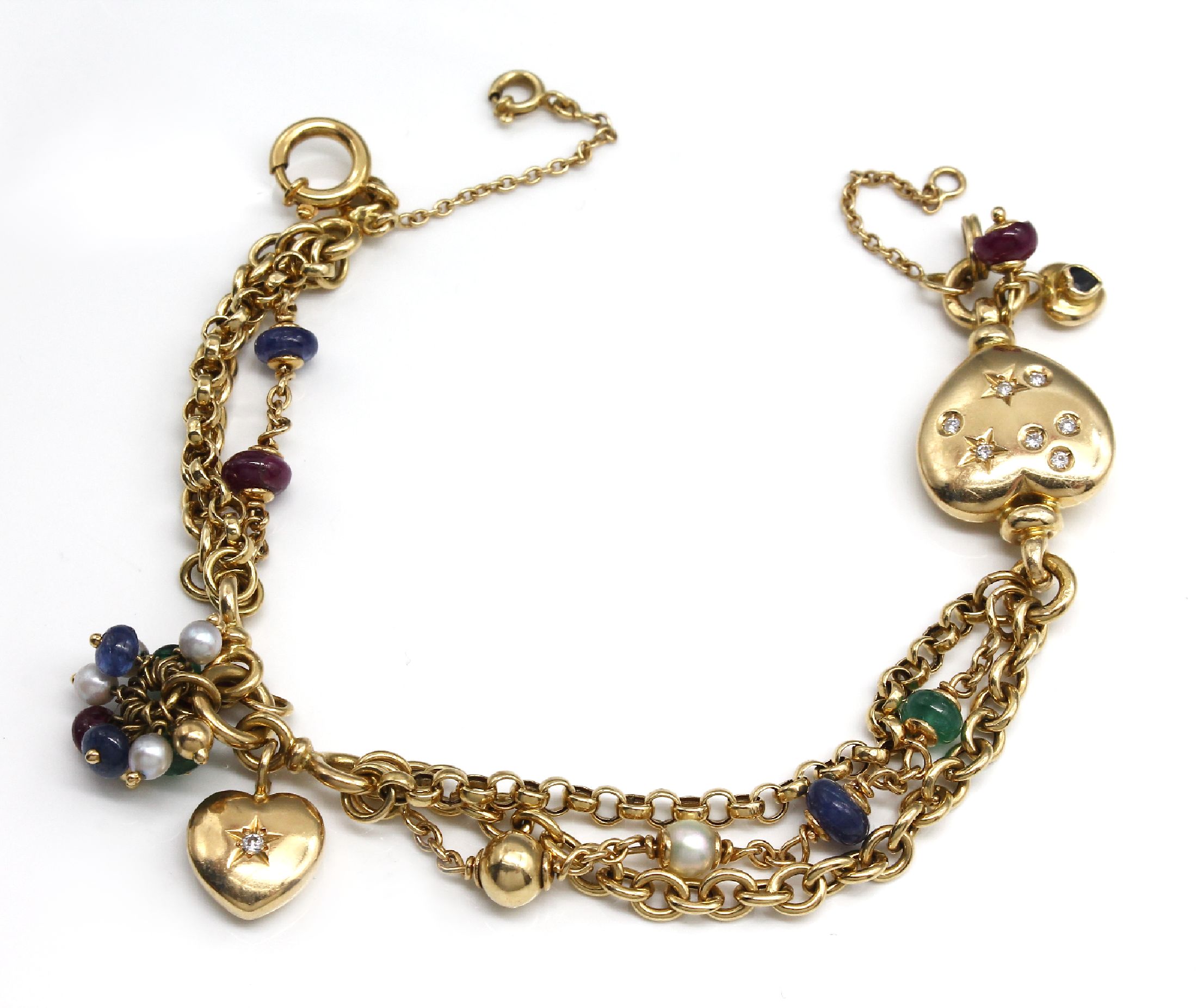 14 kt Gold Farbstein-Armband, GG 585/000, Rubine, Saphire und Smaragde zus. ca. 2.00 ct,Herze mit Brillanten zus. ca. 0.10 ct Weiß/vs-si, ...