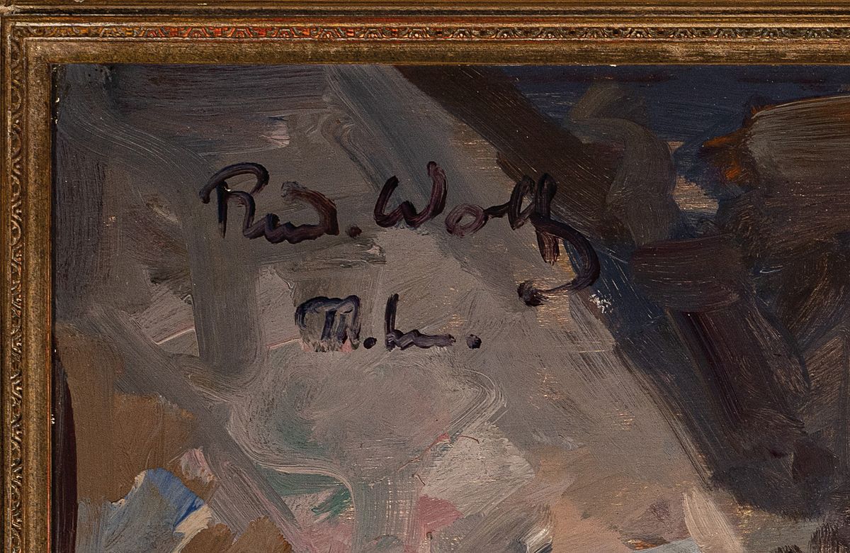 Detail a: Rudolf Wolf, 1877 Leipzig-1940 München, Wirtshaus Interieur, vier Herren am Stammtisch, Öl/Karton, links oben signiert, Rahmen, 82x90 cm