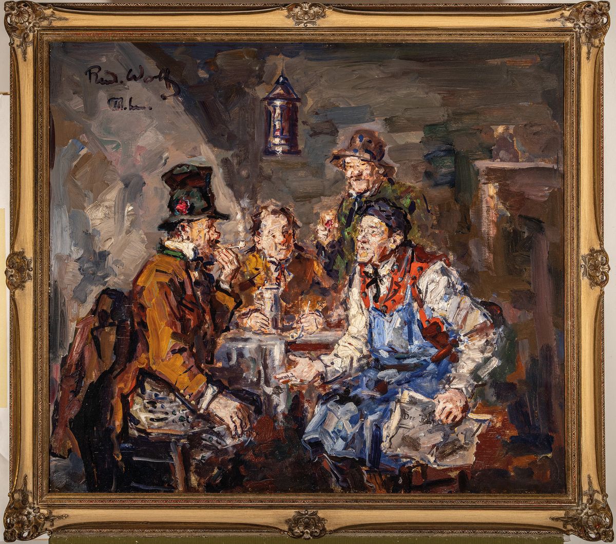 Detail k: Rudolf Wolf, 1877 Leipzig-1940 München, Wirtshaus Interieur, vier Herren am Stammtisch, Öl/Karton, links oben signiert, Rahmen, 82x90 cm