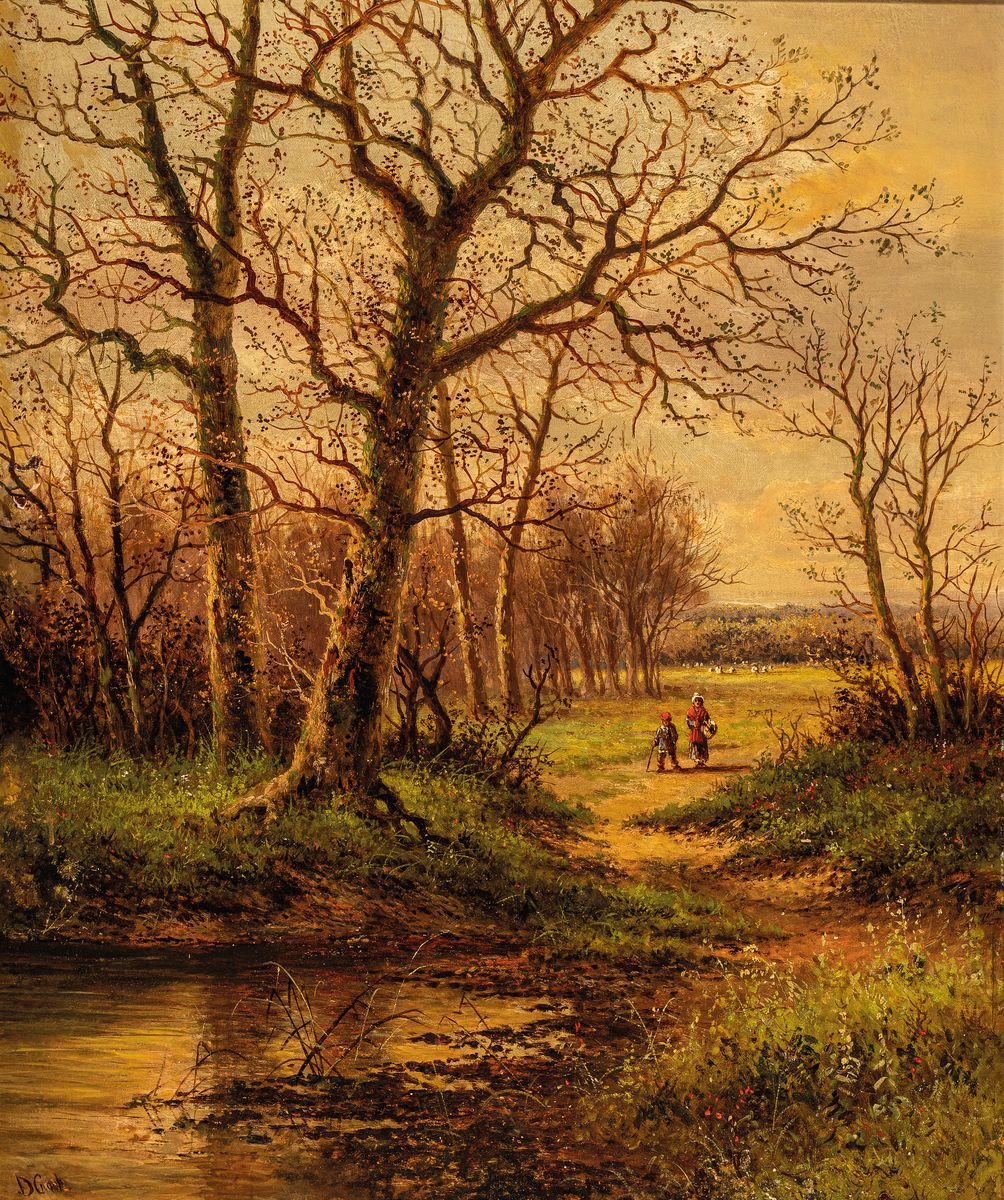 D. Craak, Traditionalist des 20.Jh., bäuerliche Landschaft , Mutter und Kind am Waldrand, Öl/Lwd, links unten signiert, Öl/Lwd, rest., Rahmen, ...