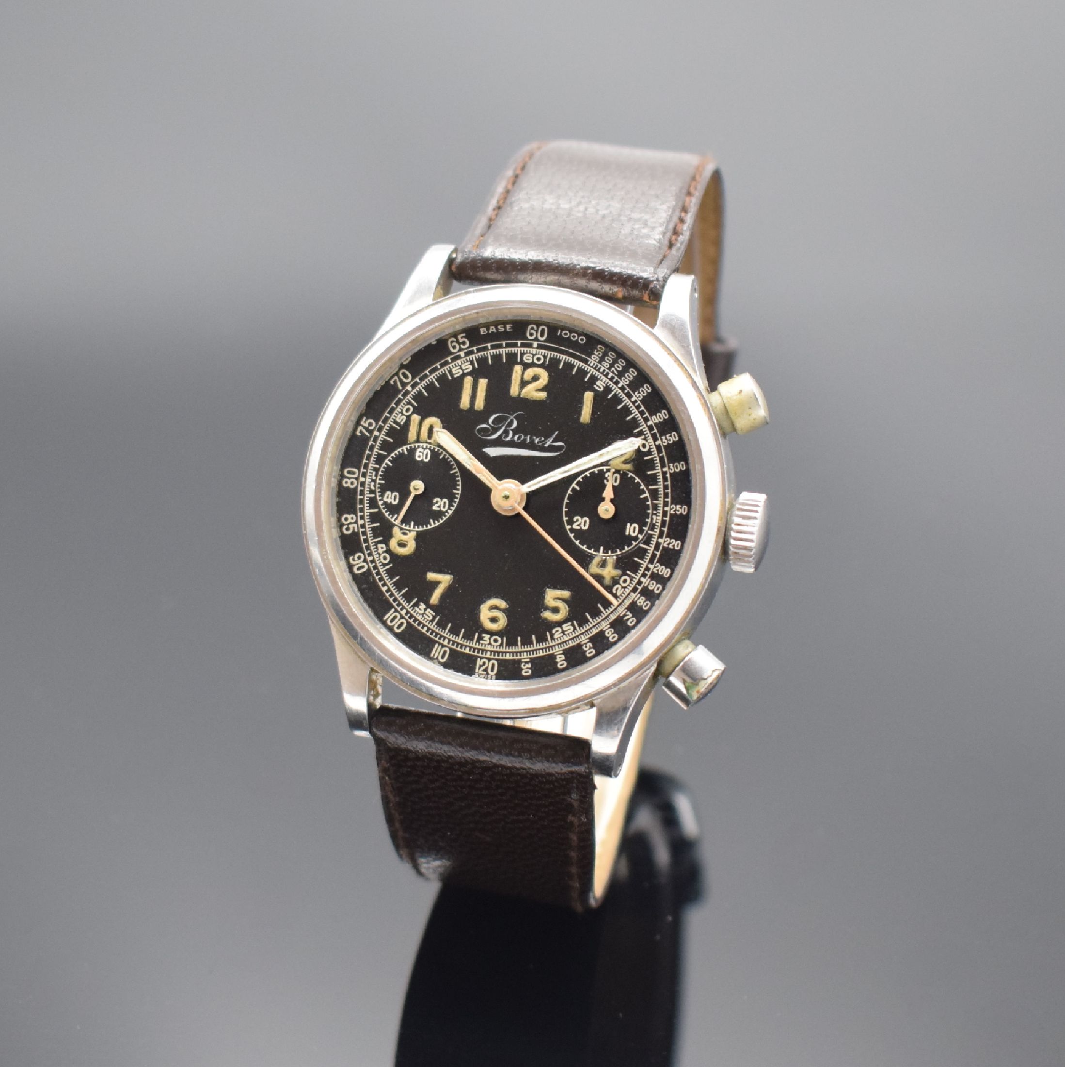 BOVET seltener & großer 38 mm Chronograph Mono-Rattrapante Referenz 5347 in Stahl, Schweiz um 1940, Handaufzug, 2-teil. Gehäuse, Boden aufgedr., ...