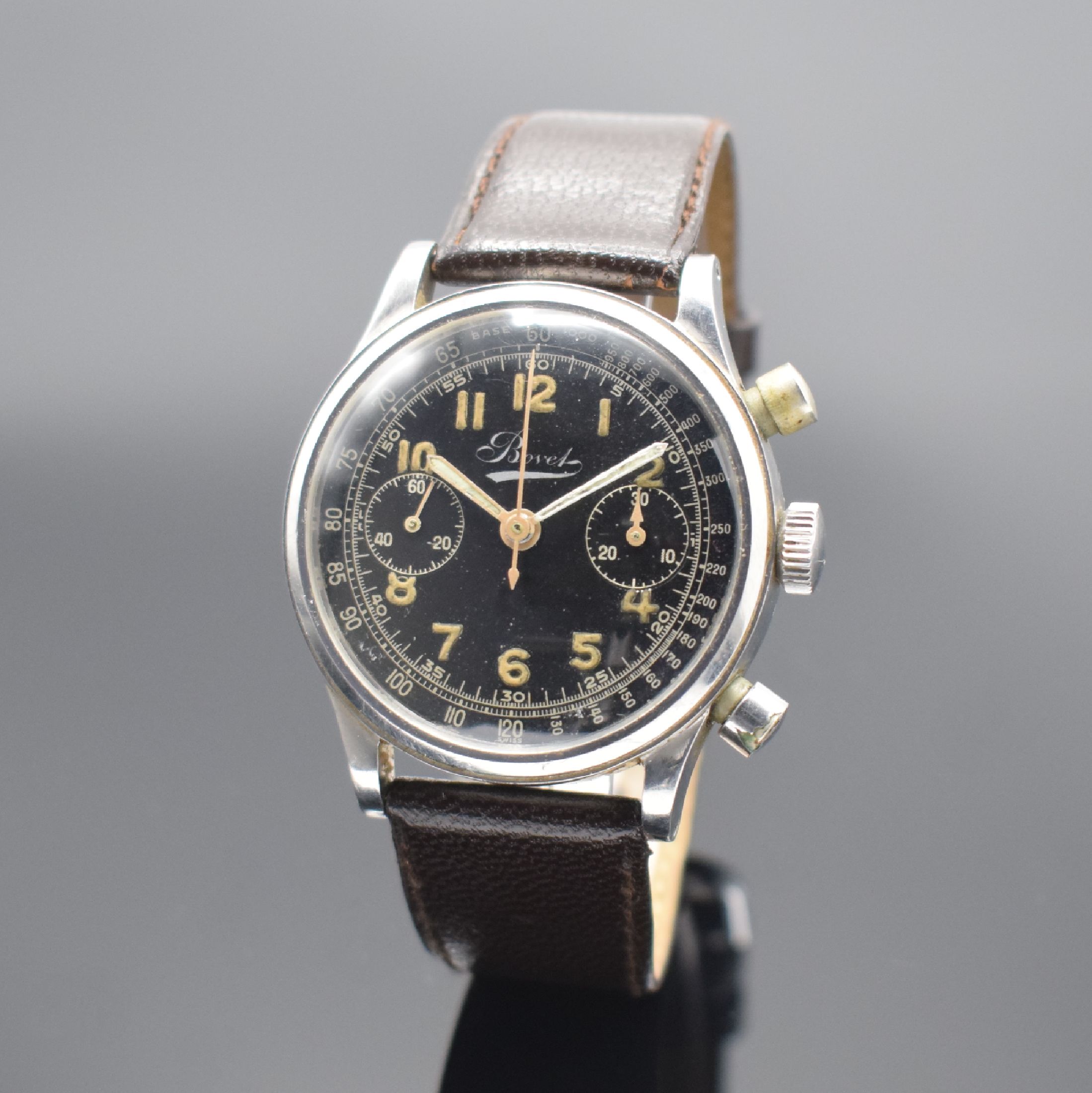 Detail c: BOVET seltener & großer 38 mm Chronograph Mono-Rattrapante Referenz 5347 in Stahl, Schweiz um 1940, Handaufzug, 2-teil. Gehäuse, Boden aufgedr., ...