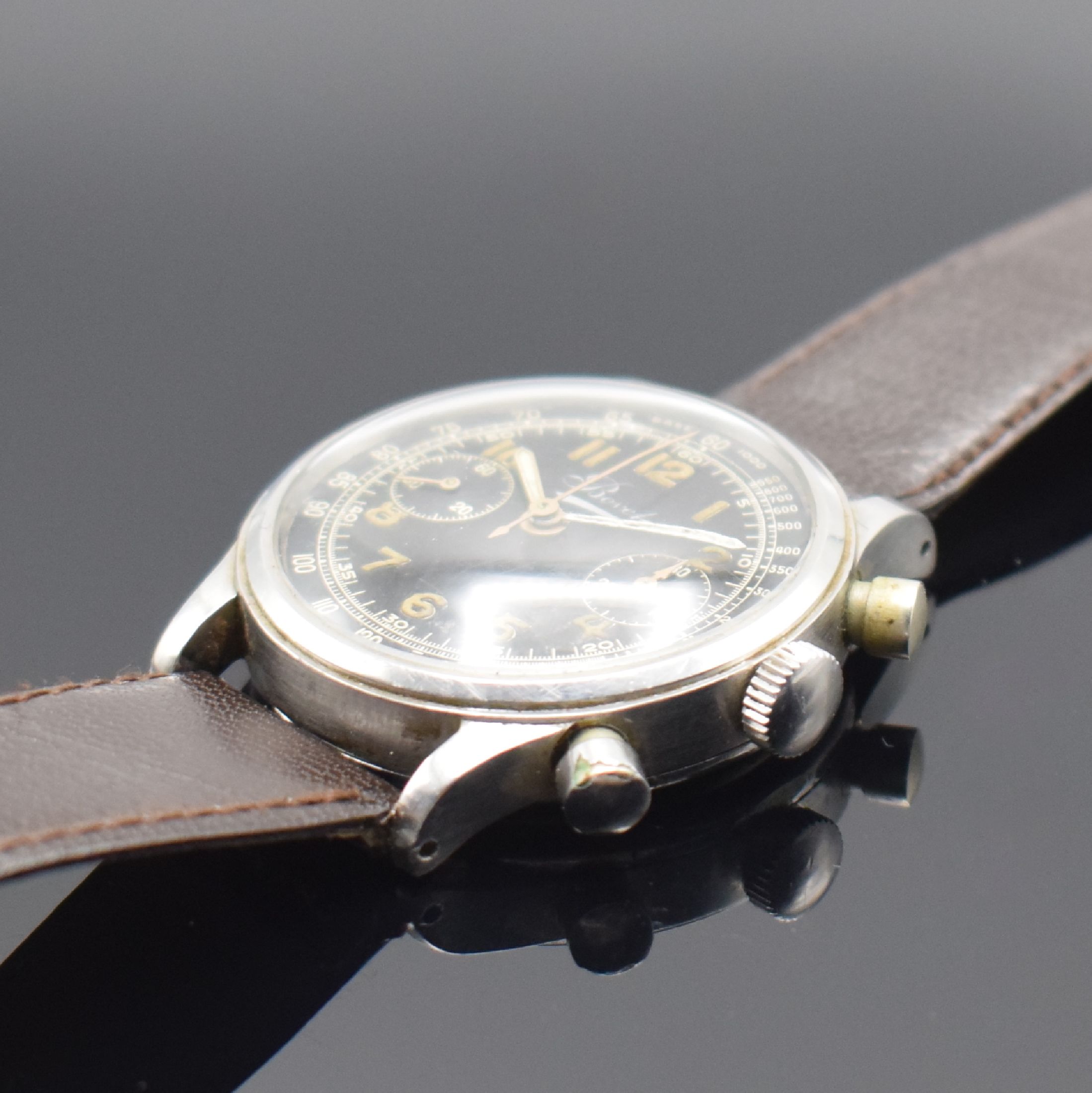 Detail e: BOVET seltener & großer 38 mm Chronograph Mono-Rattrapante Referenz 5347 in Stahl, Schweiz um 1940, Handaufzug, 2-teil. Gehäuse, Boden aufgedr., ...