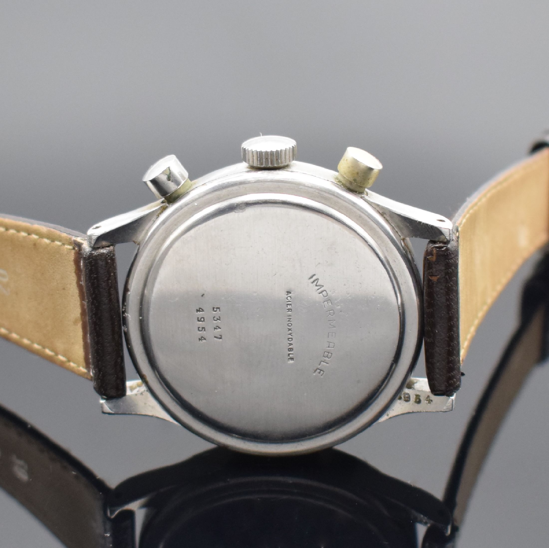 Detail f: BOVET seltener & großer 38 mm Chronograph Mono-Rattrapante Referenz 5347 in Stahl, Schweiz um 1940, Handaufzug, 2-teil. Gehäuse, Boden aufgedr., ...