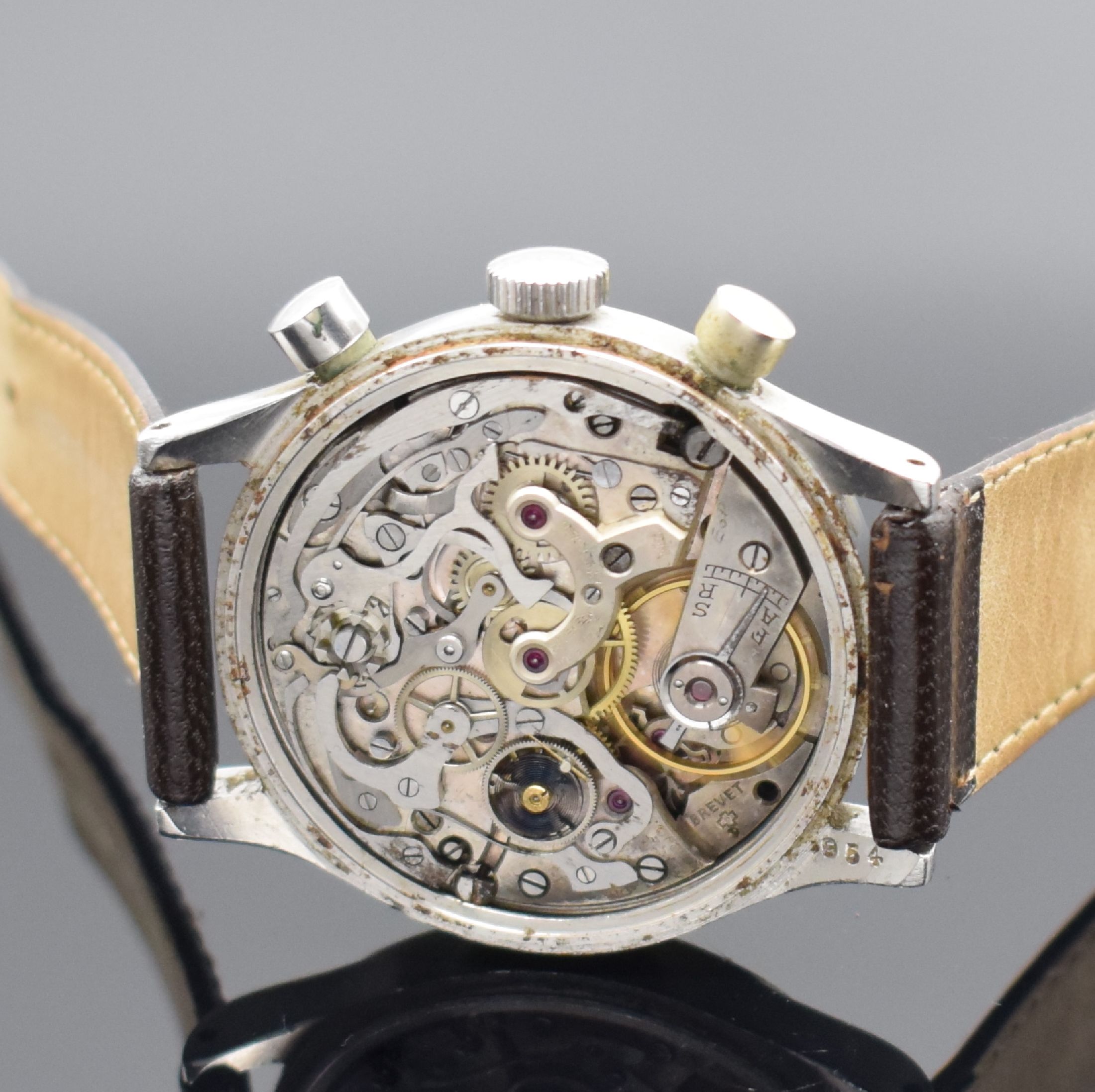Detail g: BOVET seltener & großer 38 mm Chronograph Mono-Rattrapante Referenz 5347 in Stahl, Schweiz um 1940, Handaufzug, 2-teil. Gehäuse, Boden aufgedr., ...