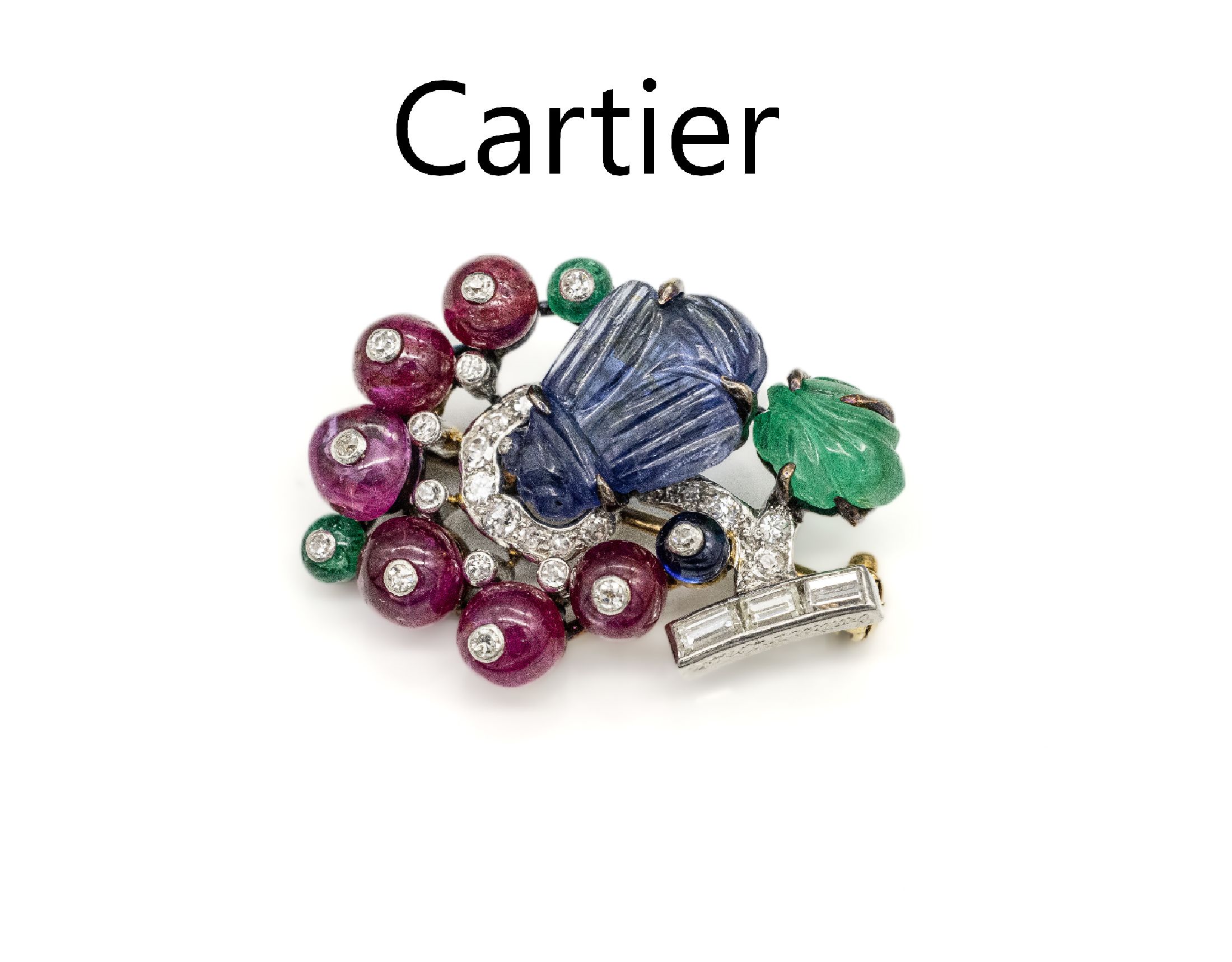 Platin und 18 kt Gold CARTIER Diamant- Farbstein-Brosche, GG 750/000, London 1924,"Tutti Frutti", Design mit einer Biene aus geschnitztem ...