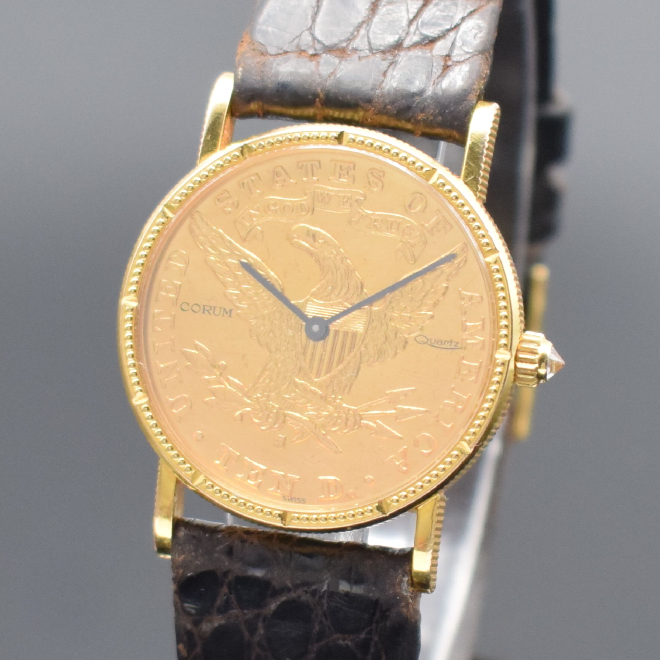 Detail a: CORUM 10 Dollar 1893 seltene Damenarmbanduhr sog. Coinwatch, Schweiz um 1985, quarz, Gehäuse in GG 750/000, aufgedr. Boden dell., gebl. Zeiger, ...