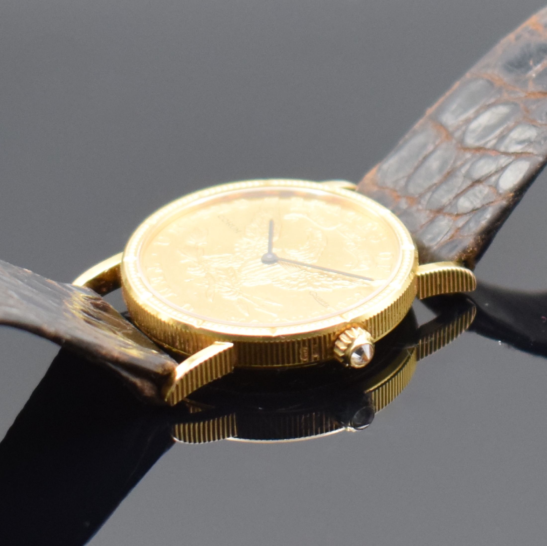 Detail c: CORUM 10 Dollar 1893 seltene Damenarmbanduhr sog. Coinwatch, Schweiz um 1985, quarz, Gehäuse in GG 750/000, aufgedr. Boden dell., gebl. Zeiger, ...