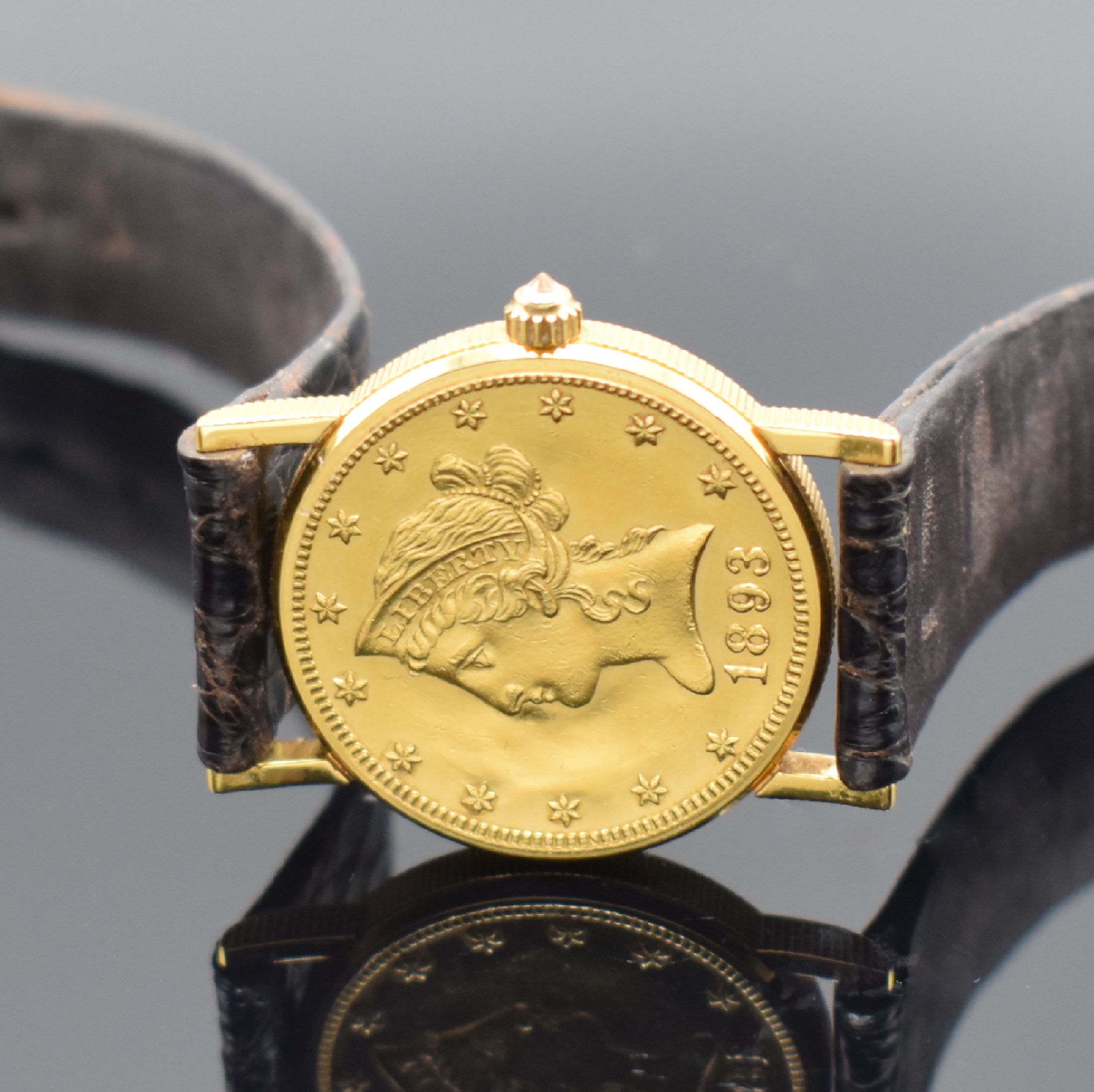 Detail d: CORUM 10 Dollar 1893 seltene Damenarmbanduhr sog. Coinwatch, Schweiz um 1985, quarz, Gehäuse in GG 750/000, aufgedr. Boden dell., gebl. Zeiger, ...