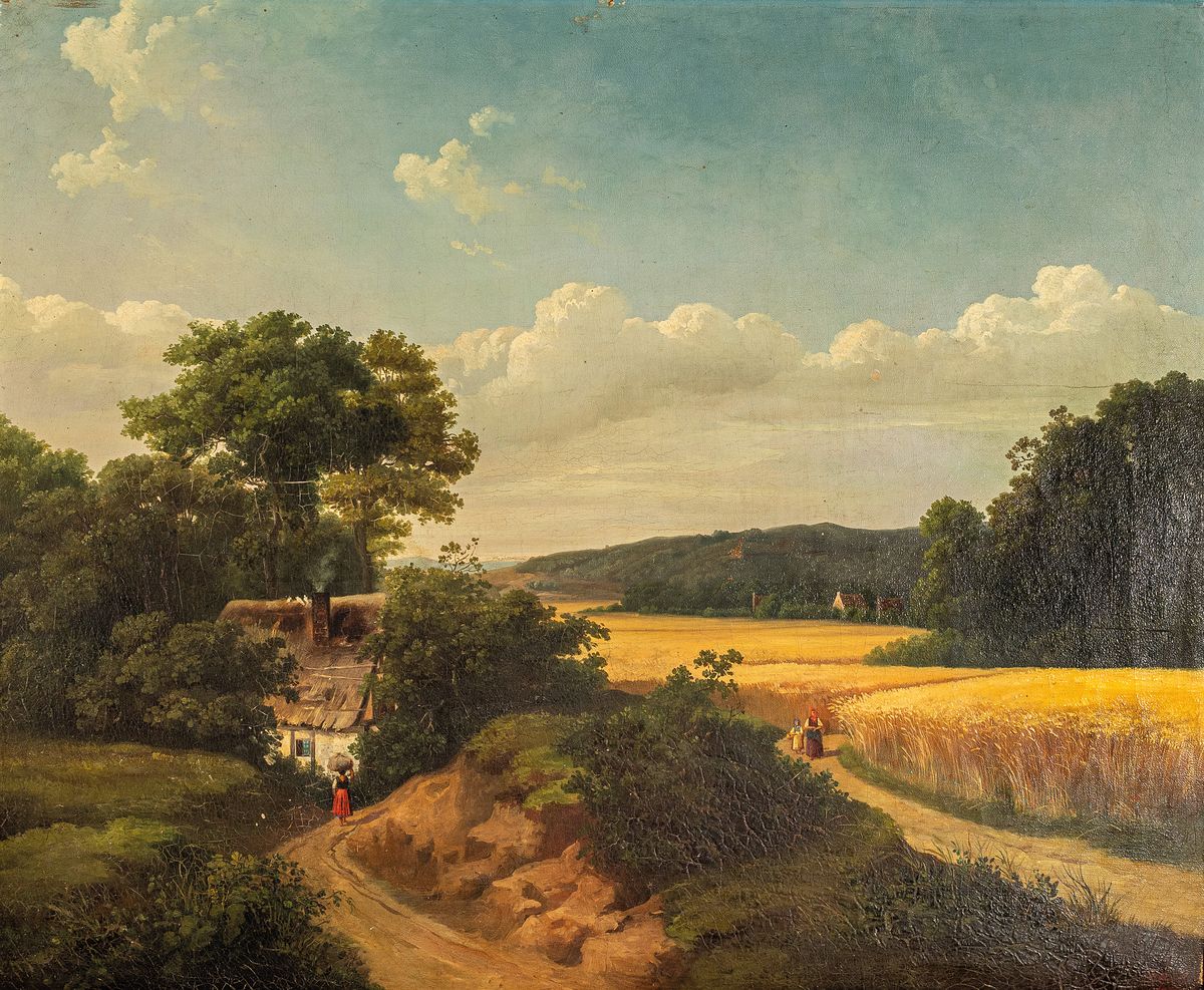 A. Prell, datiert 1856, Sommerlandschaft, bäuerliche Staffagefiguren zwischen voll stehenden Weizenfeldern, rechts unten signiertu. datiert 1856 in ...