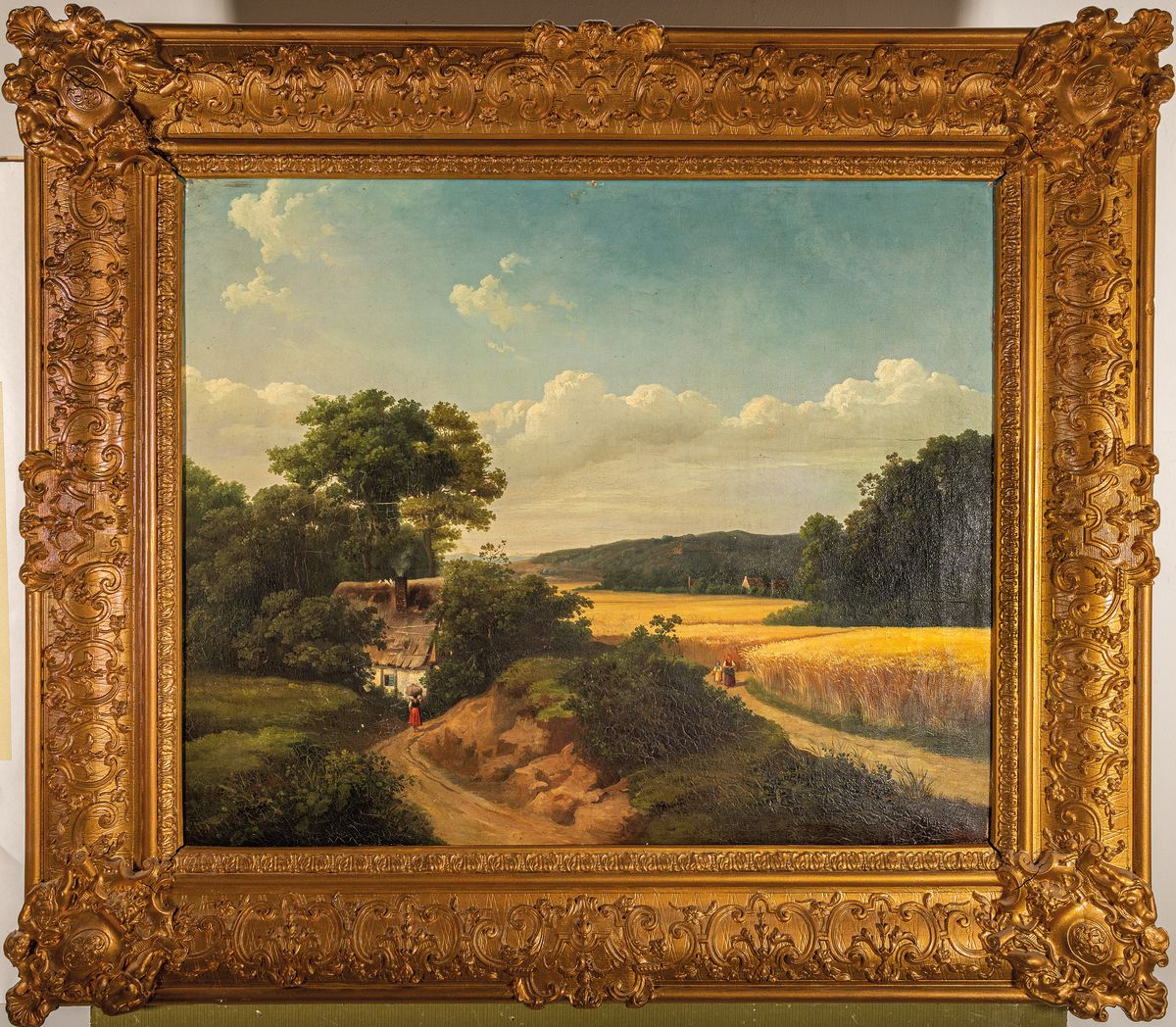 Detail k: A. Prell, datiert 1856, Sommerlandschaft, bäuerliche Staffagefiguren zwischen voll stehenden Weizenfeldern, rechts unten signiertu. datiert 1856 in ...