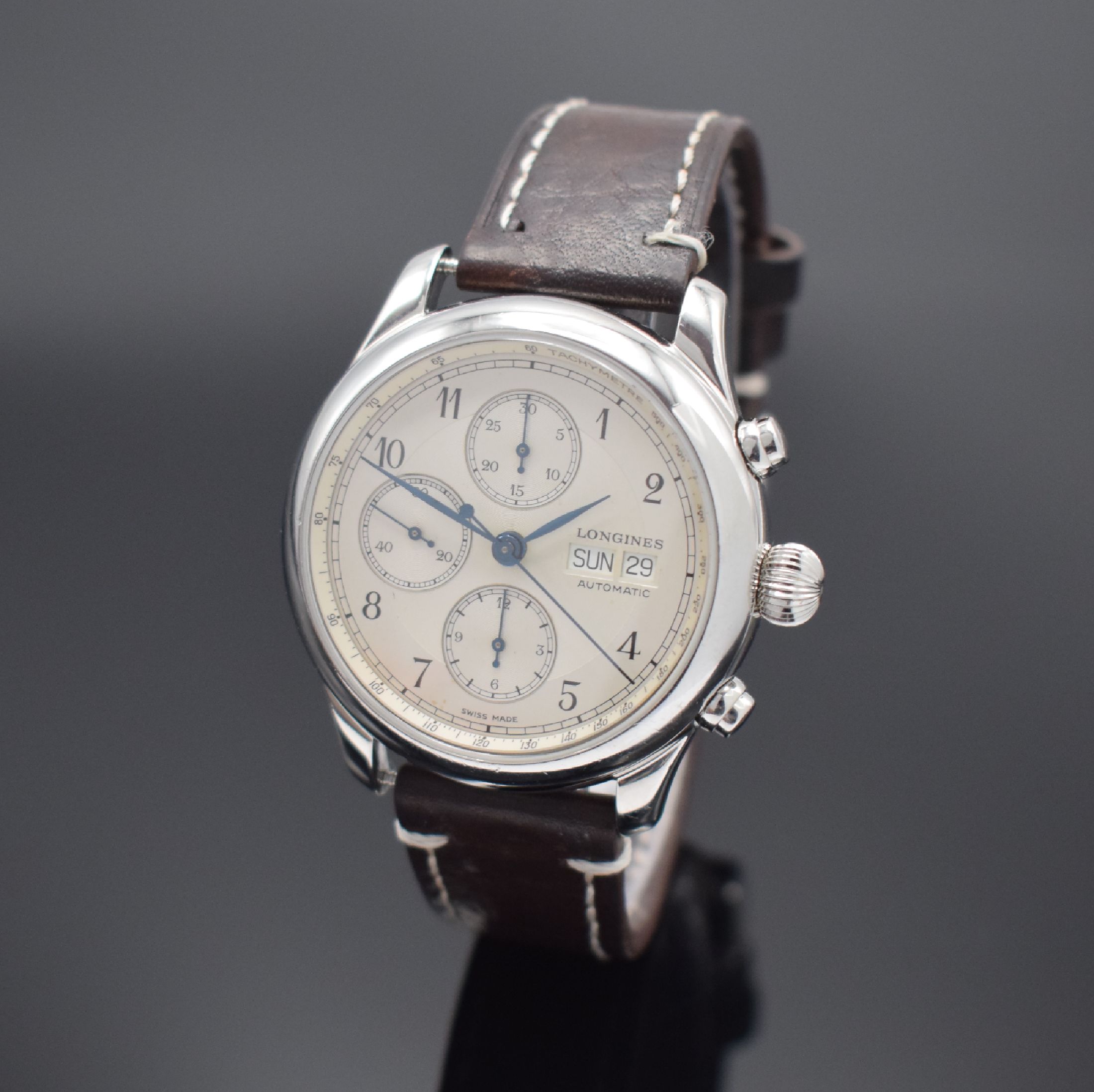LONGINES Weems Swiss Air No.2 Herrenarmbanduhr mit Chronograph in Stahl Referenz 674.5251, Automatik, beids. vergl. Geh., Boden & Glasrand aufgedr., ...