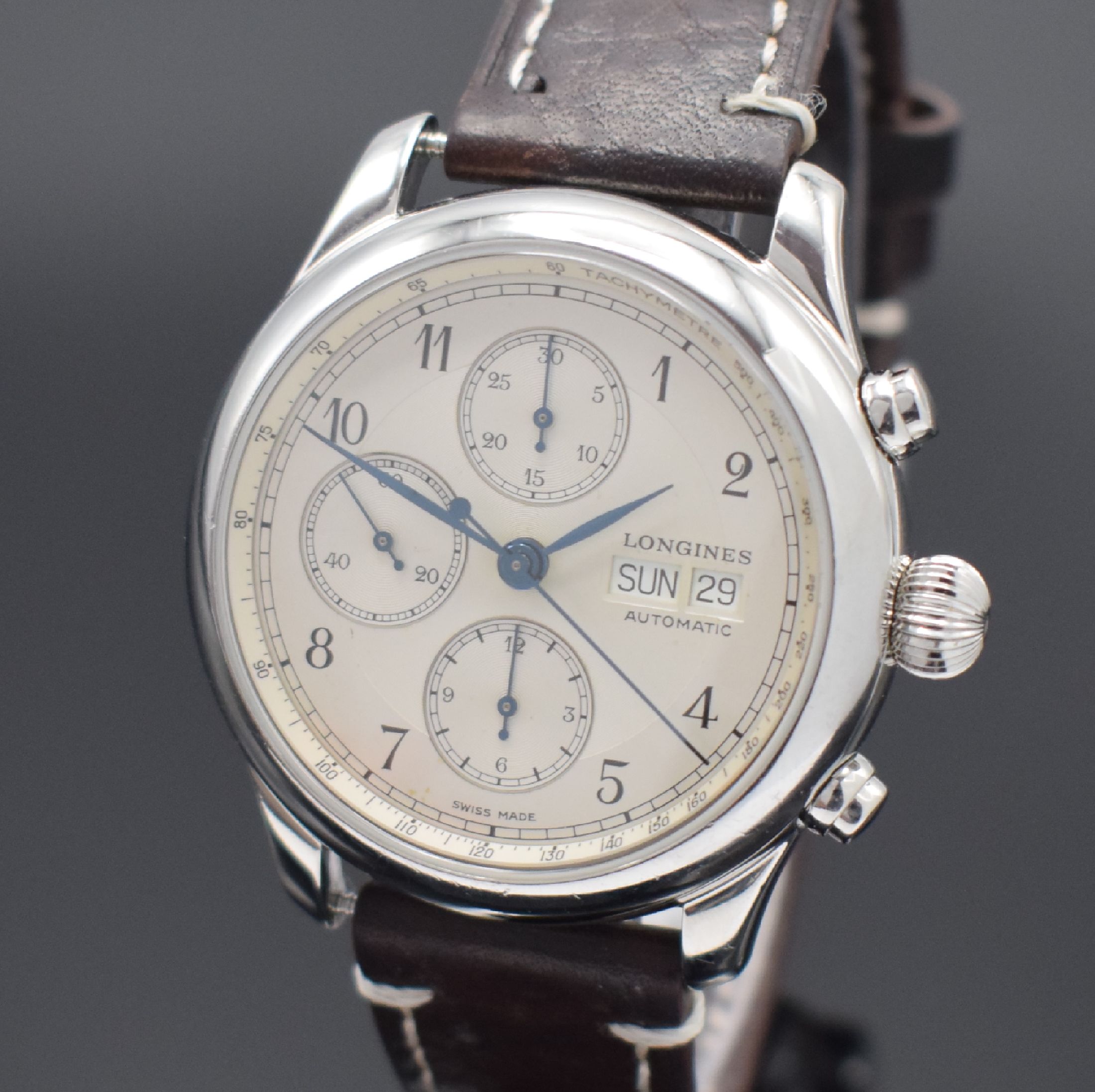 Detail a: LONGINES Weems Swiss Air No.2 Herrenarmbanduhr mit Chronograph in Stahl Referenz 674.5251, Automatik, beids. vergl. Geh., Boden & Glasrand aufgedr., ...