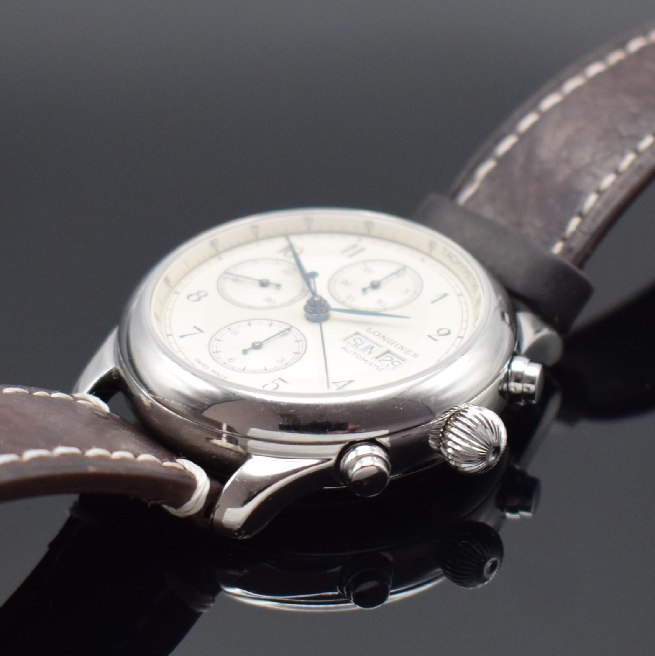 Detail b: LONGINES Weems Swiss Air No.2 Herrenarmbanduhr mit Chronograph in Stahl Referenz 674.5251, Automatik, beids. vergl. Geh., Boden & Glasrand aufgedr., ...