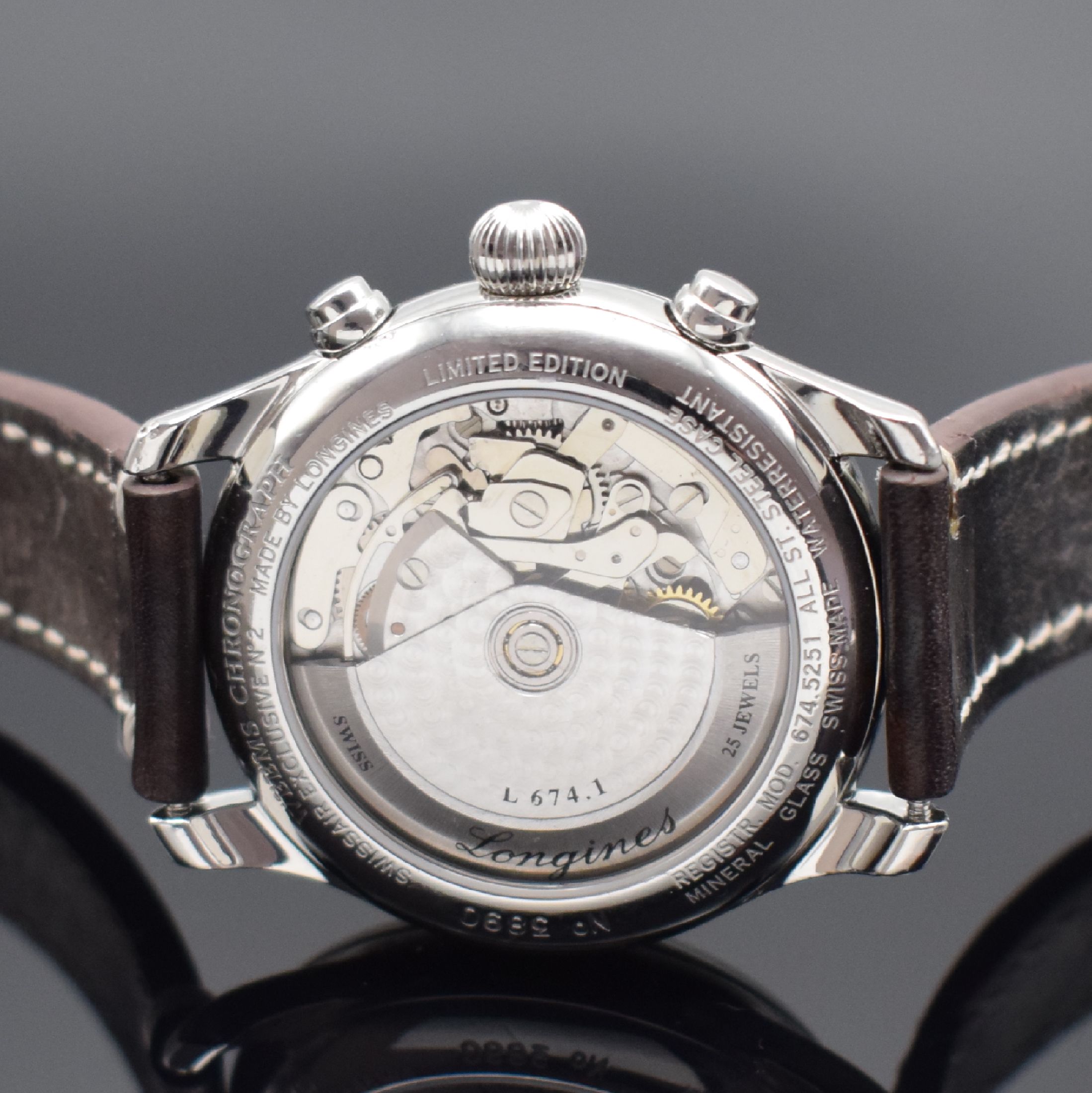 Detail c: LONGINES Weems Swiss Air No.2 Herrenarmbanduhr mit Chronograph in Stahl Referenz 674.5251, Automatik, beids. vergl. Geh., Boden & Glasrand aufgedr., ...