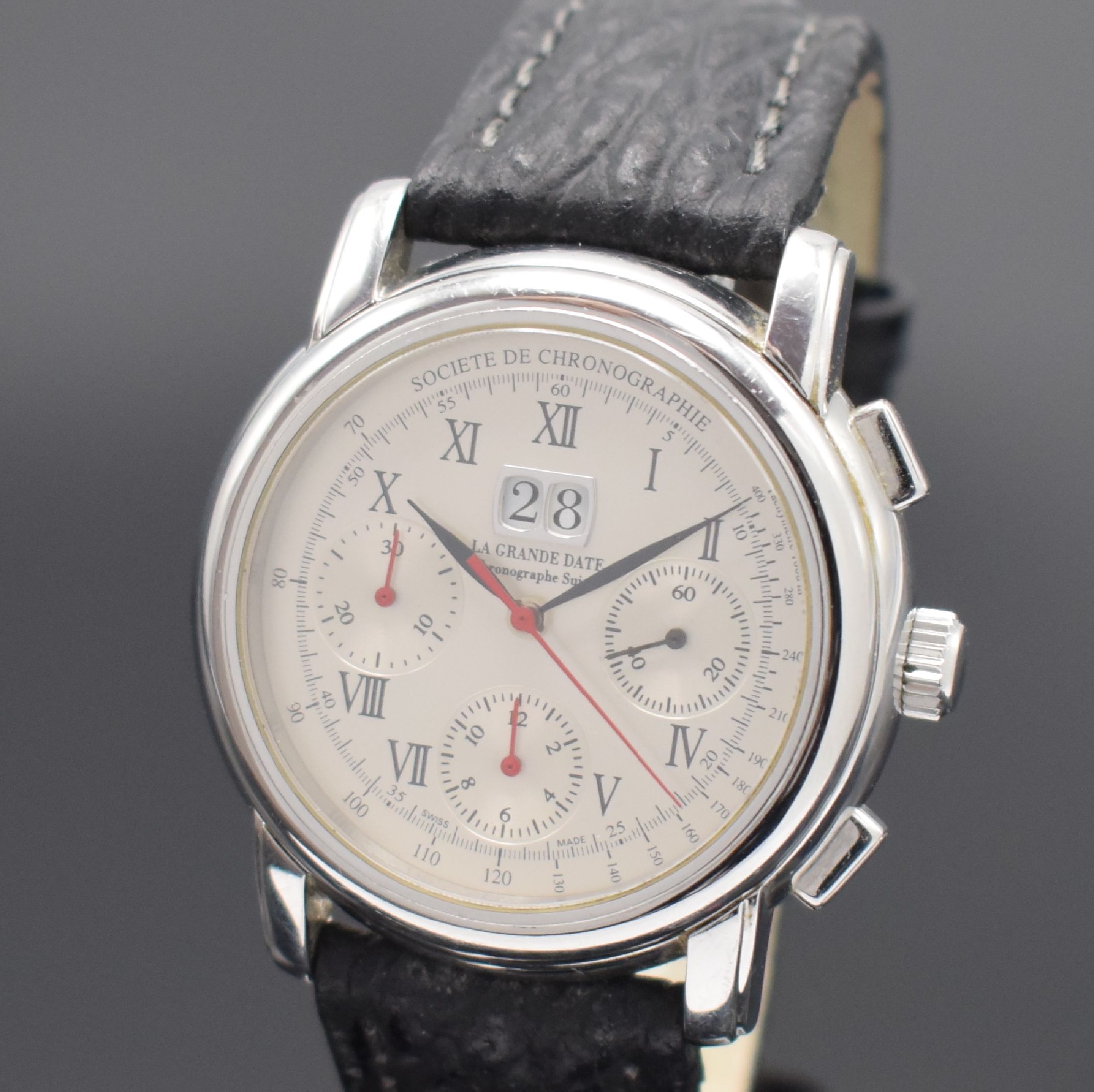 Detail a: CHRONOGRAPH SUISSE La Grande Date auf 2000 Stück limitierter Armbandchronograph mit Datum in Stahl, Schweiz um 2000, Automatik, 2- tlg. Geh., Boden ...