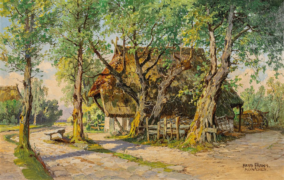 Hans Frahm, 1864 Schwerin - 1938 München, Bauernkate an besonntem Wegesrand, Öl/Lwd, rechts unten signiert, 36x57 cm, Rahmen 48x70cm