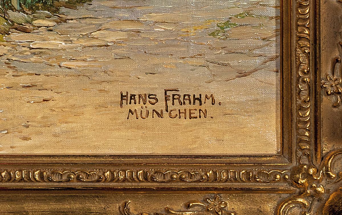 Detail a: Hans Frahm, 1864 Schwerin - 1938 München, Bauernkate an besonntem Wegesrand, Öl/Lwd, rechts unten signiert, 36x57 cm, Rahmen 48x70cm