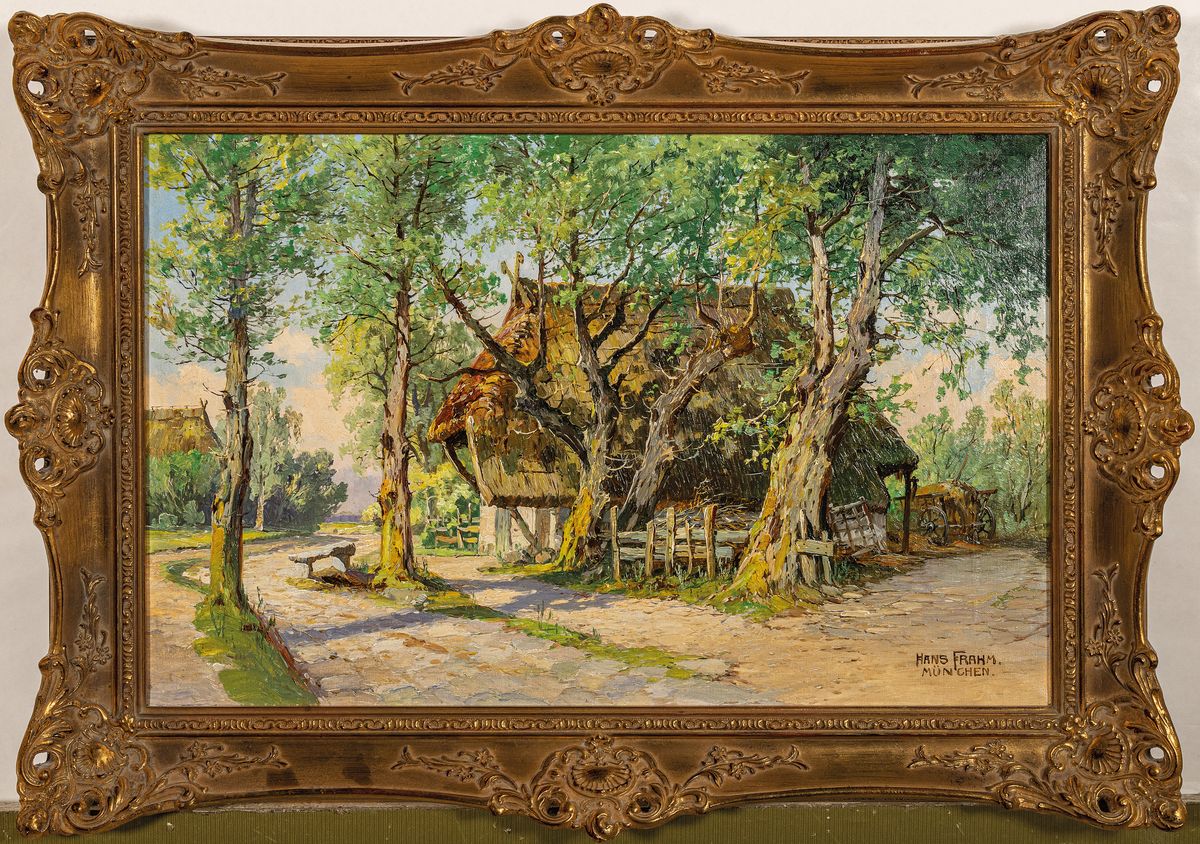 Detail k: Hans Frahm, 1864 Schwerin - 1938 München, Bauernkate an besonntem Wegesrand, Öl/Lwd, rechts unten signiert, 36x57 cm, Rahmen 48x70cm