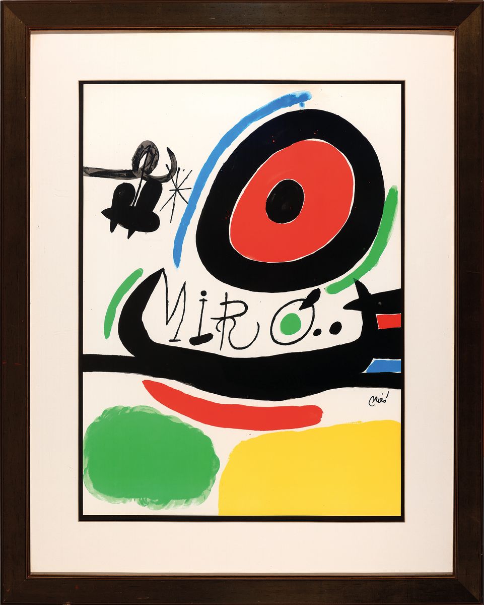 Detail k: Joan Miro, 1893-1983, Lithographie, Plakatentwurf zur Ausstellung Tres Libres/Osaka (1970), in der Platte signiert, unter Glas gerahmt, ALterssp., ...