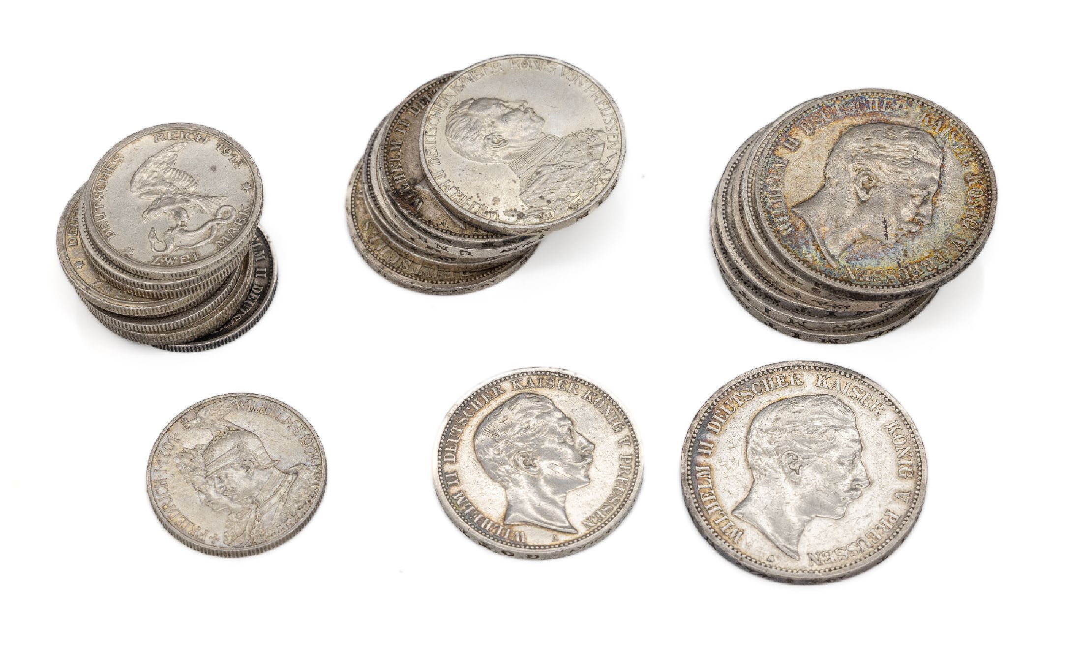 Konvolut 25 Silbermünzen, Deutsches Reich, 2 Mark: 4x Wilhelm II Deutscher Kaiser König v. Preussen (1899, 1900, 2x1913), 3 x Der König rief und ...