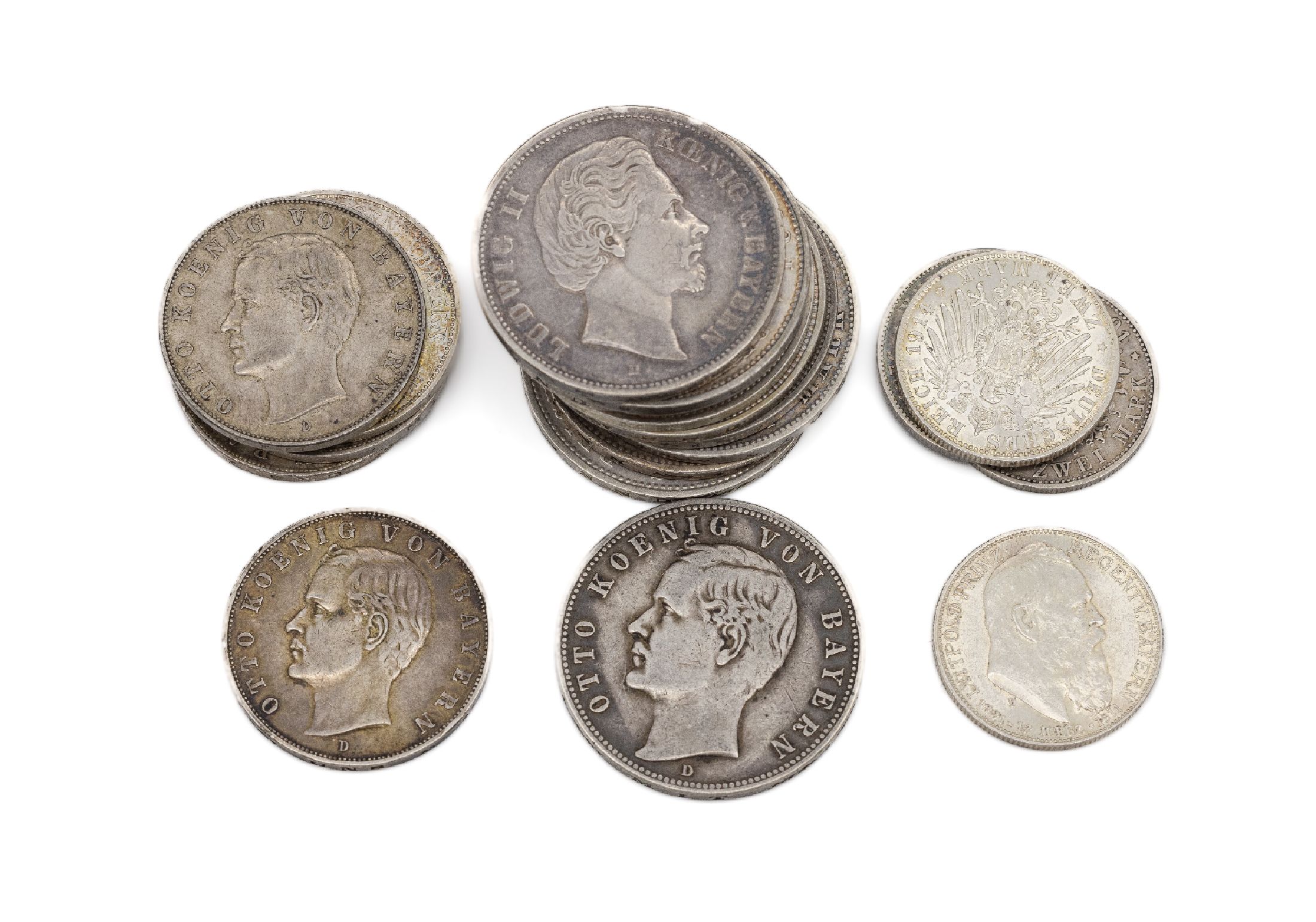 Konvolut 19 Silbermünzen, Deutsches Reich, 2 Mark: 1 x Ludwig II König v. Bayern 1876, 1 x Otto König v. Bayern 1901, 1 x Luitpold Prinzregent v. ...