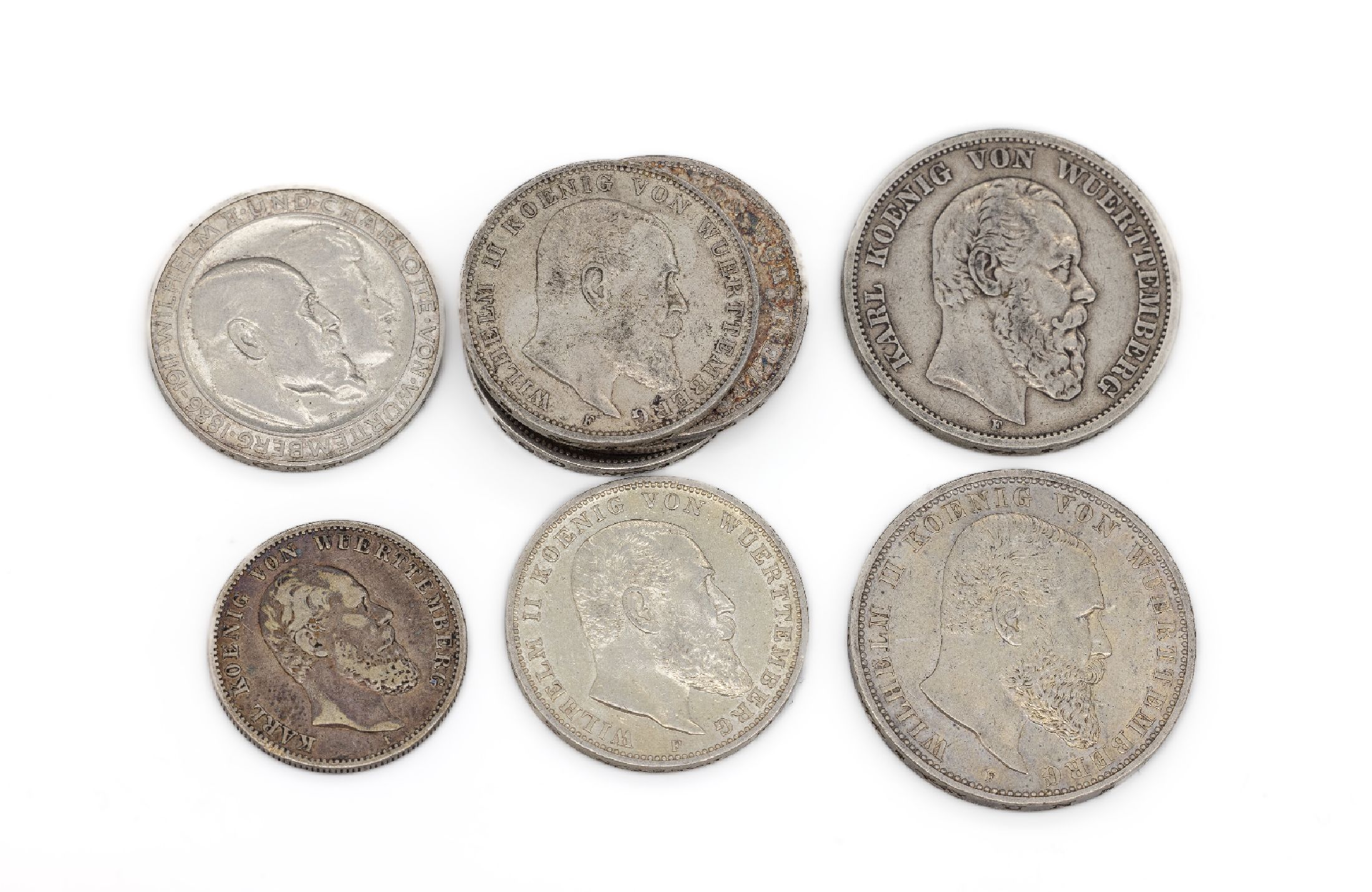 Konvolut 9 Silbermünzen, Deutsches Reich, 2 Mark:1 x Karl König v. Württemberg 1877, 3 Mark: 5 x Wilhelm II König v. Württemberg (1908, 1909, 3 ...
