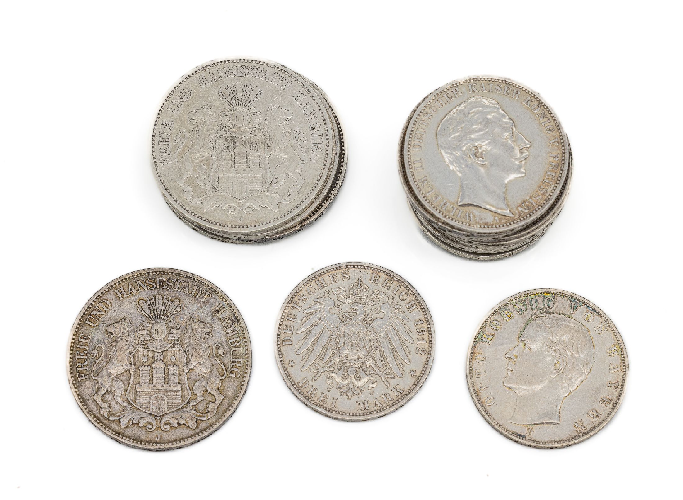 Konvolut 17 Silbermünzen, Deutsches Reich, 2 Mark: 1 x Ludwig II König v. Hamburg 1876, 1 x Freie und Hansestadt Hamburg 1892, 3 Mark: 5 x Wilhelm ...