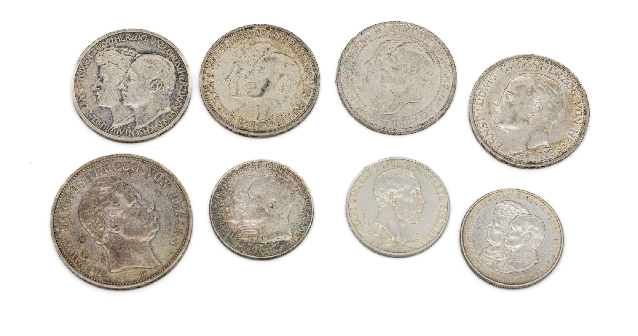 Konvolut 8 Silbermünzen, Deutsches Reich, 2 Mark: 1 x Philipp Landgraf z. Hessen & ErnstLudwig Grossherzog v. Hessen 1904, 1 x Friedrich der ...