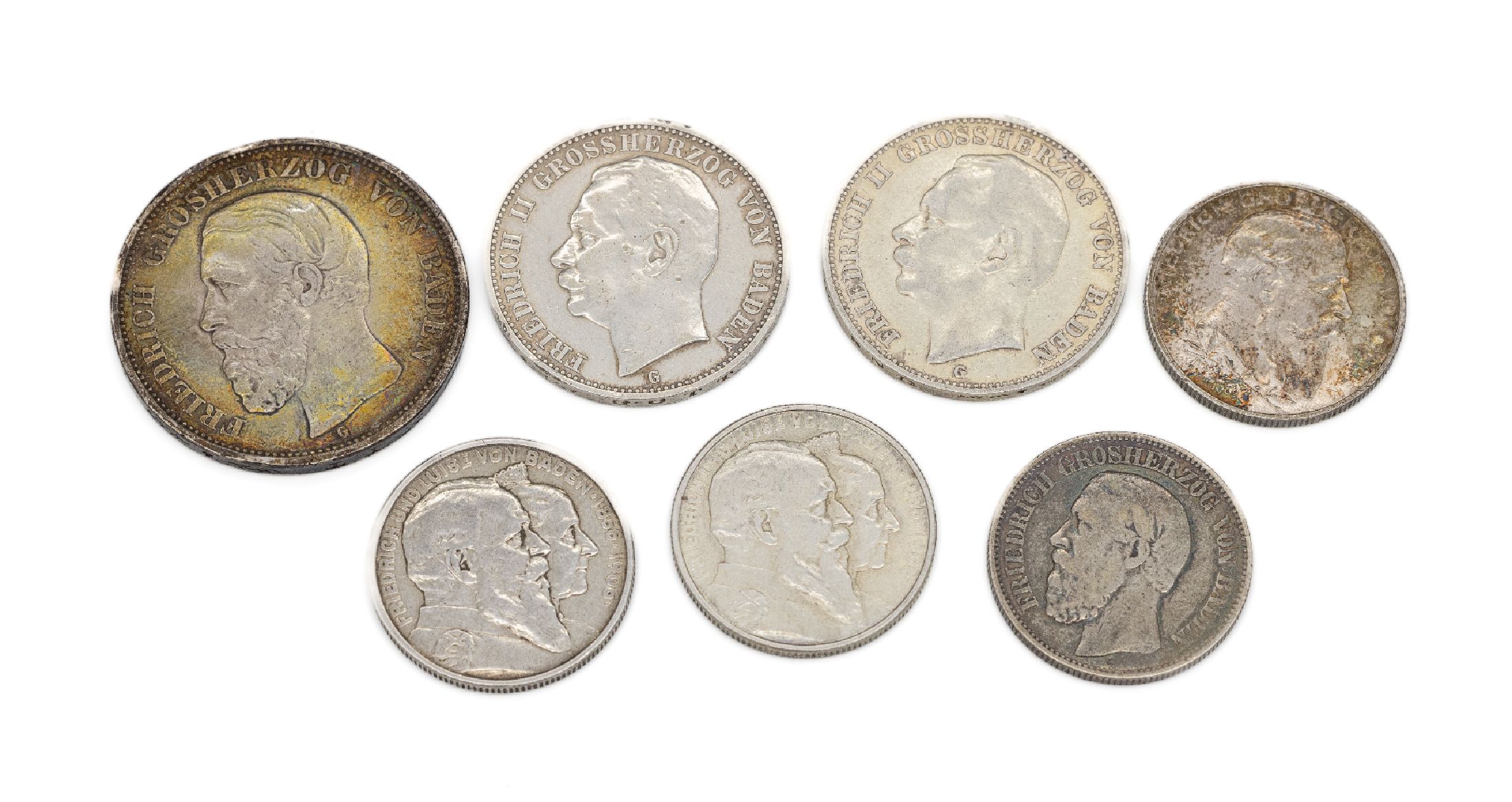 Konvolut 7 Silbermünzen, Deutsches Reich, 2 Mark: 2 x Friedrich Großherzog v. Baden (1876, 1902), 2 x Friedrich & Luise v. Baden 1906, 3 Mark: 2 x ...