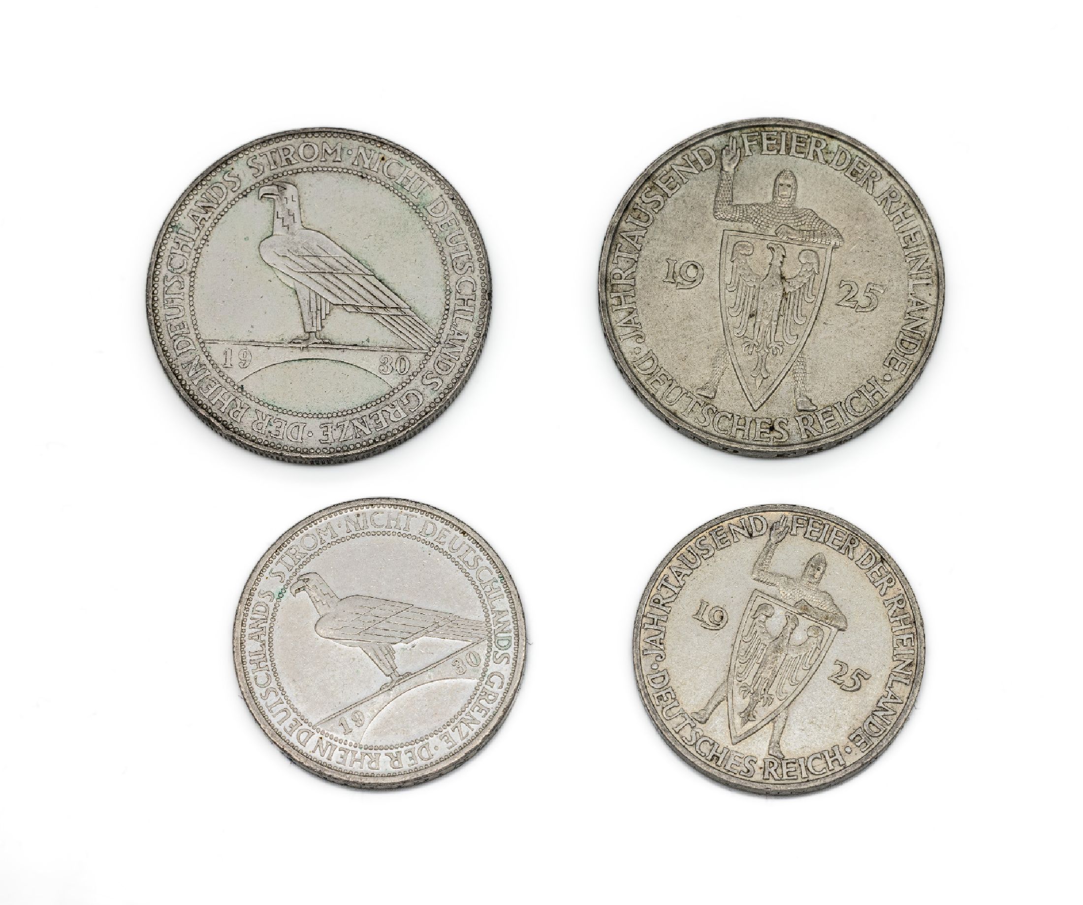 Konvolut 4 Silbermünzen, Deutsches Reich, 3 Reichsmark: 1 x Der Rhein Deutschlands Stromnicht Deutschlands Grenze 1930, 1 x Jahrtausendfeier der ...