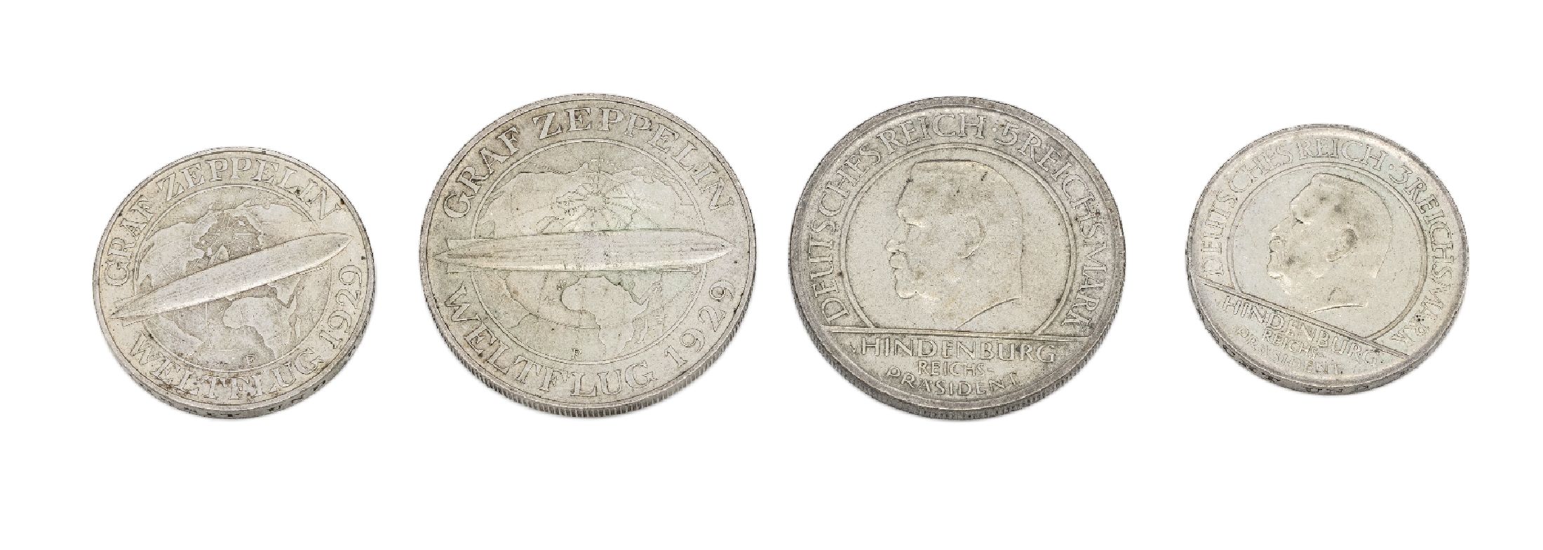 Konvolut 4 Silbermünzen, Deutsches Reich, Hindenburg, 3 Reichsmark: 1 x Treu der Verfassung 1929, 1 x Graf Zeppelin Weltflug 1929, 5 Reichsmark: 1 ...