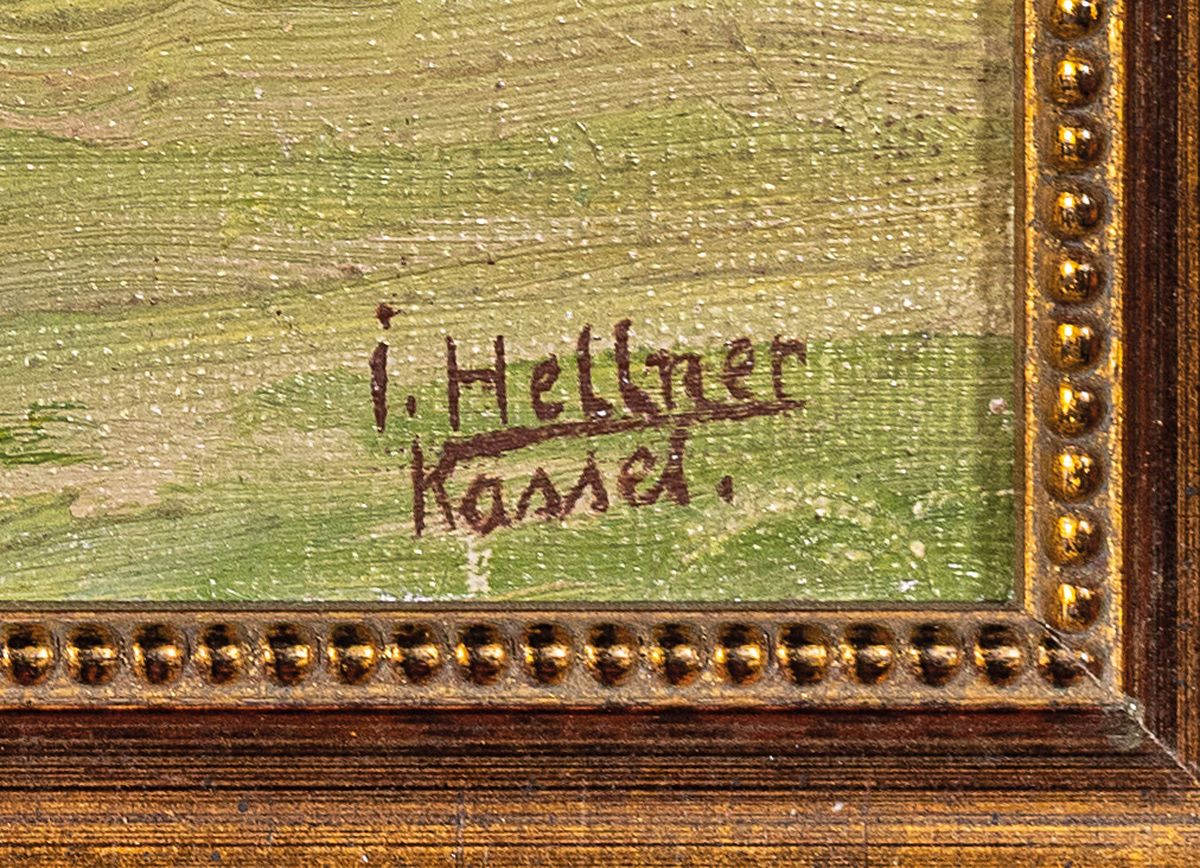 Detail a: Julius Hellner, 1877 Wiesbaden-1942, Studium an der Akademie Kassel, Blick wohl über oberhessische Landschaft, rechts unten signiert, Öl/Malplatte, ...