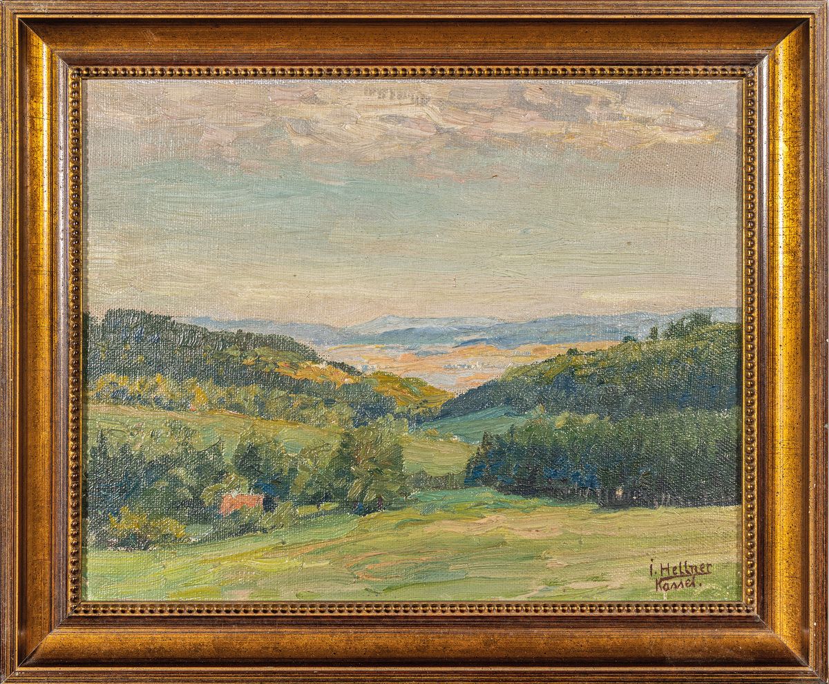 Detail k: Julius Hellner, 1877 Wiesbaden-1942, Studium an der Akademie Kassel, Blick wohl über oberhessische Landschaft, rechts unten signiert, Öl/Malplatte, ...