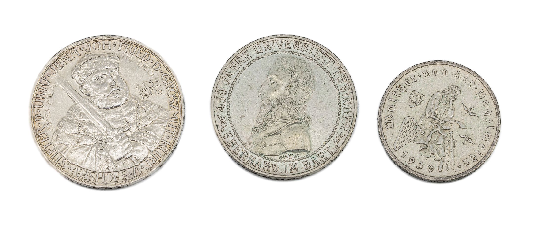 Konvolut 3 Silbermünzen, Deutsches Reich, 3 Reichsmark: Walther v. der Vogelweide 1930, 5 Reichsmark: 450 Jahre Universität Tübingen, Eberhard im ...