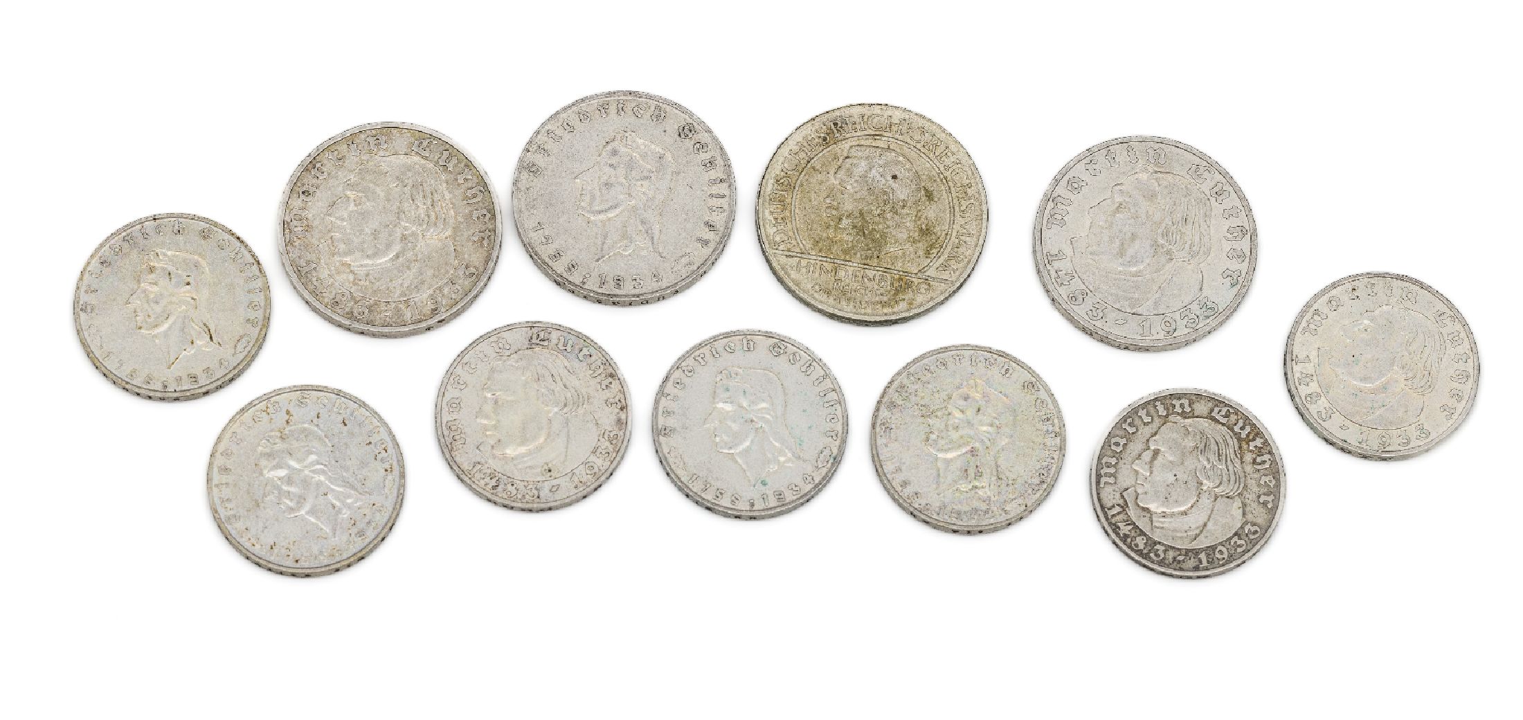 Konvolut 11 Silbermünzen, 7 x 2 Deutsche Reichsmark: 4 x Friedrich Schiller 1934, 3 x Martin Luther 1933, 3 x 5 Reichsmark: 2 x Martin Luther 1933, ...