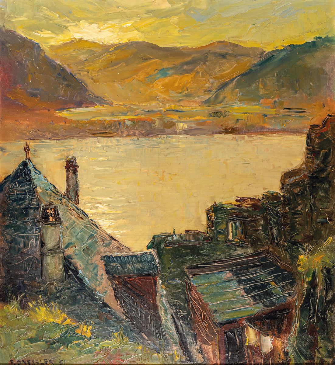Franz Vinzenz Dressler, 1918-2002 Krems, Österreich, Wachau, Blick über Dächer und See auf die Berge, Öl/Hartfaser, li. unten sign. und dat. 51, ...