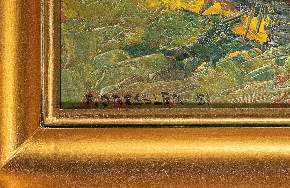 Detail a: Franz Vinzenz Dressler, 1918-2002 Krems, Österreich, Wachau, Blick über Dächer und See auf die Berge, Öl/Hartfaser, li. unten sign. und dat. 51, ...