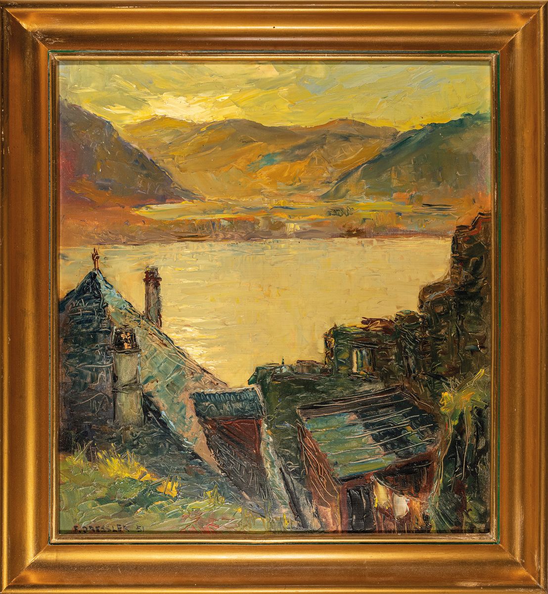 Detail k: Franz Vinzenz Dressler, 1918-2002 Krems, Österreich, Wachau, Blick über Dächer und See auf die Berge, Öl/Hartfaser, li. unten sign. und dat. 51, ...