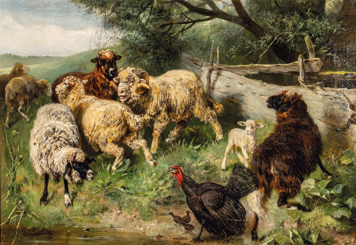 Max Ludwig Lebling, 1851 Leipzig-1930, Truthenne mit Küken vertreibt Schafe von der Tränke, Öl/Lwd, links unten signiert und dat. 1885, ca. ...
