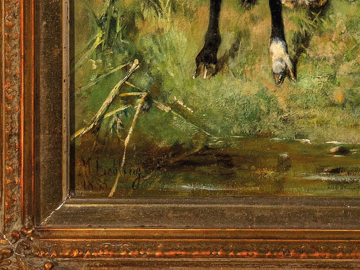 Detail a: Max Ludwig Lebling, 1851 Leipzig-1930, Truthenne mit Küken vertreibt Schafe von der Tränke, Öl/Lwd, links unten signiert und dat. 1885, ca. ...