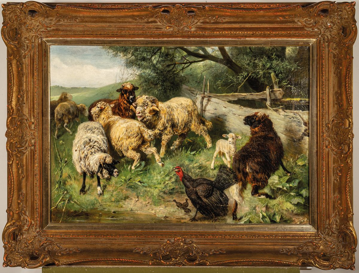 Detail k: Max Ludwig Lebling, 1851 Leipzig-1930, Truthenne mit Küken vertreibt Schafe von der Tränke, Öl/Lwd, links unten signiert und dat. 1885, ca. ...