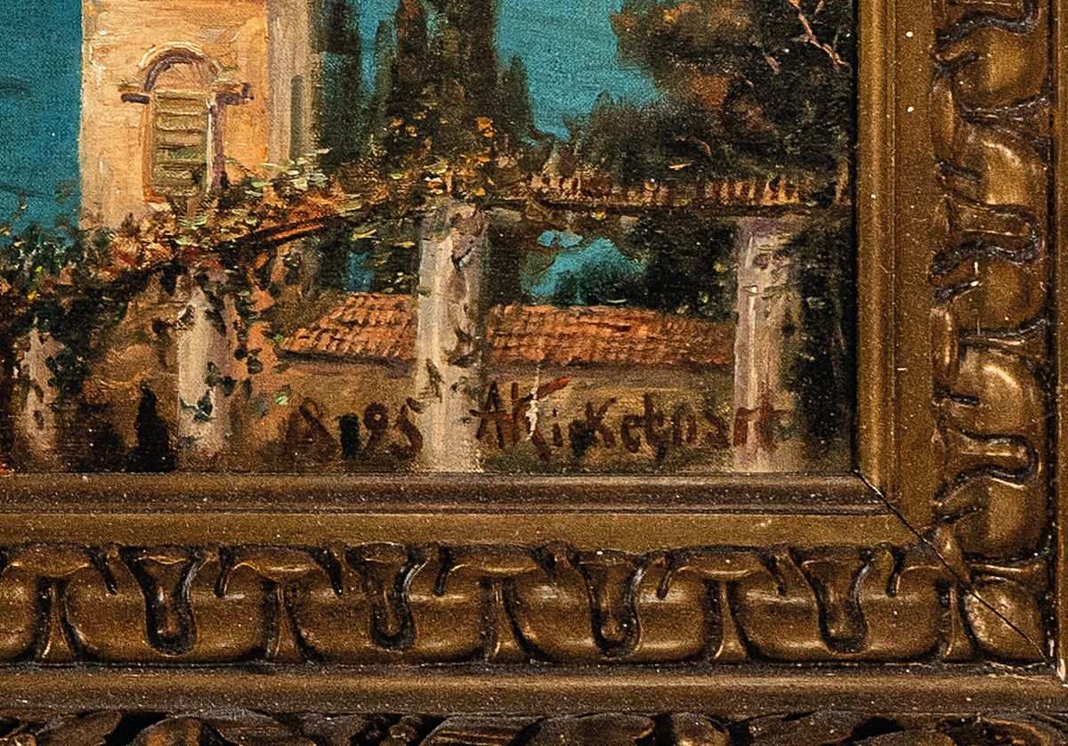 Detail a: Albert Kiekebusch, 1861 Zechin-1925, Studium an der Akademie Berlin, Landschafts- und Genremaler, hier: großformatiges Werk, Blick von einer ...